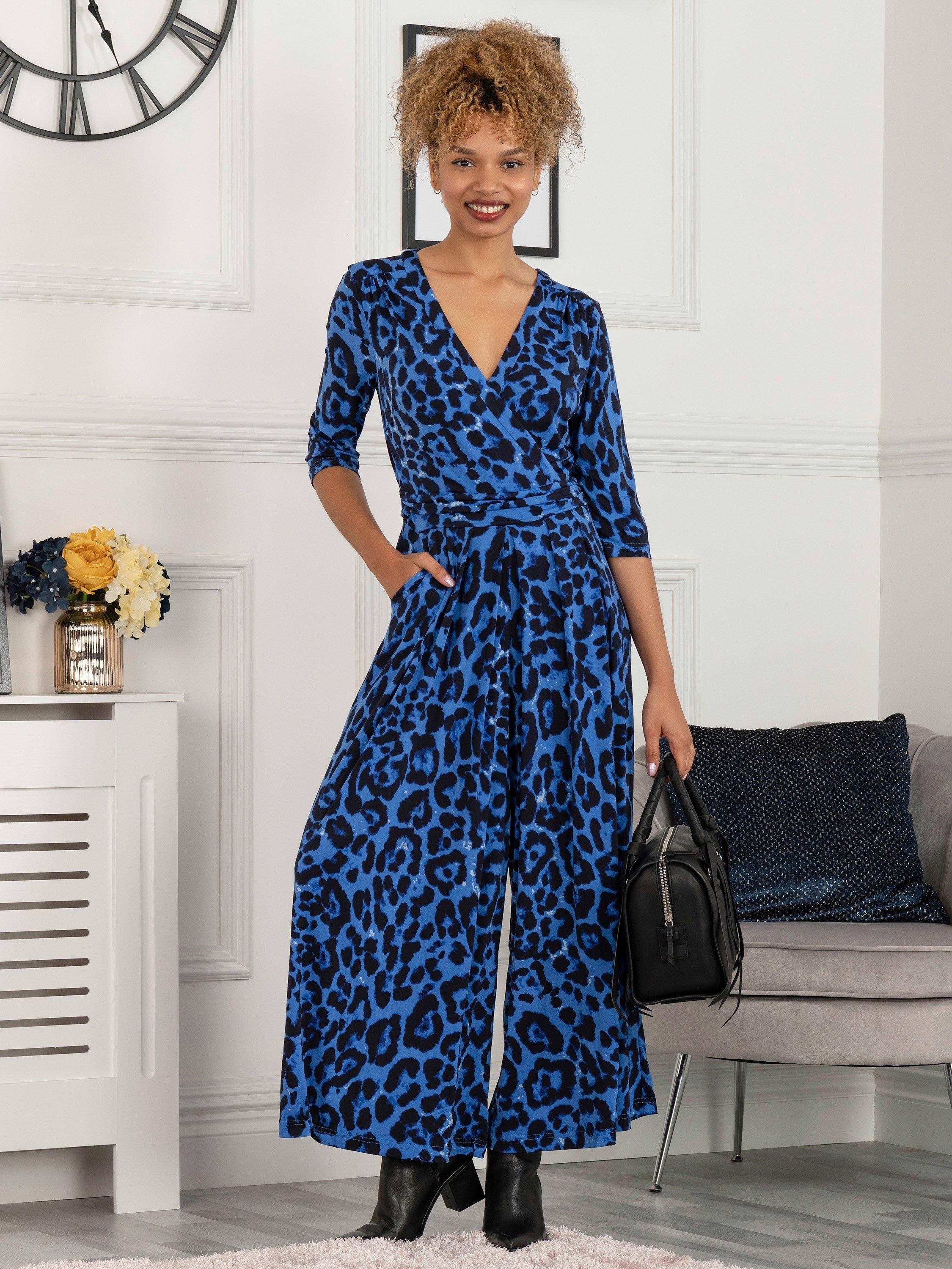 Jolie Moi Luisa Animal Print Culotte Jumpsuit, Blue