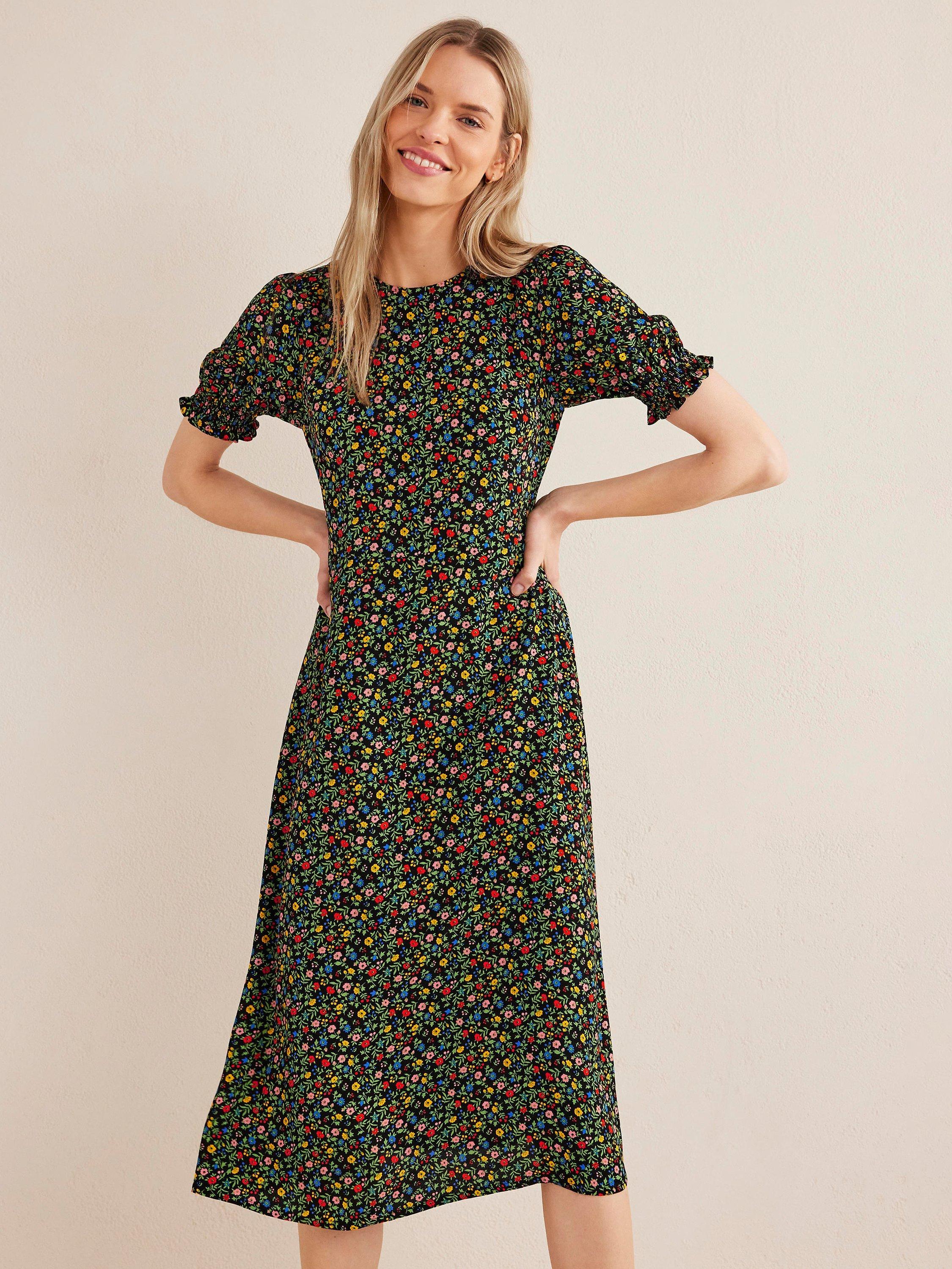 Boden Smocked Sleeve Bias Midi Dress, Black