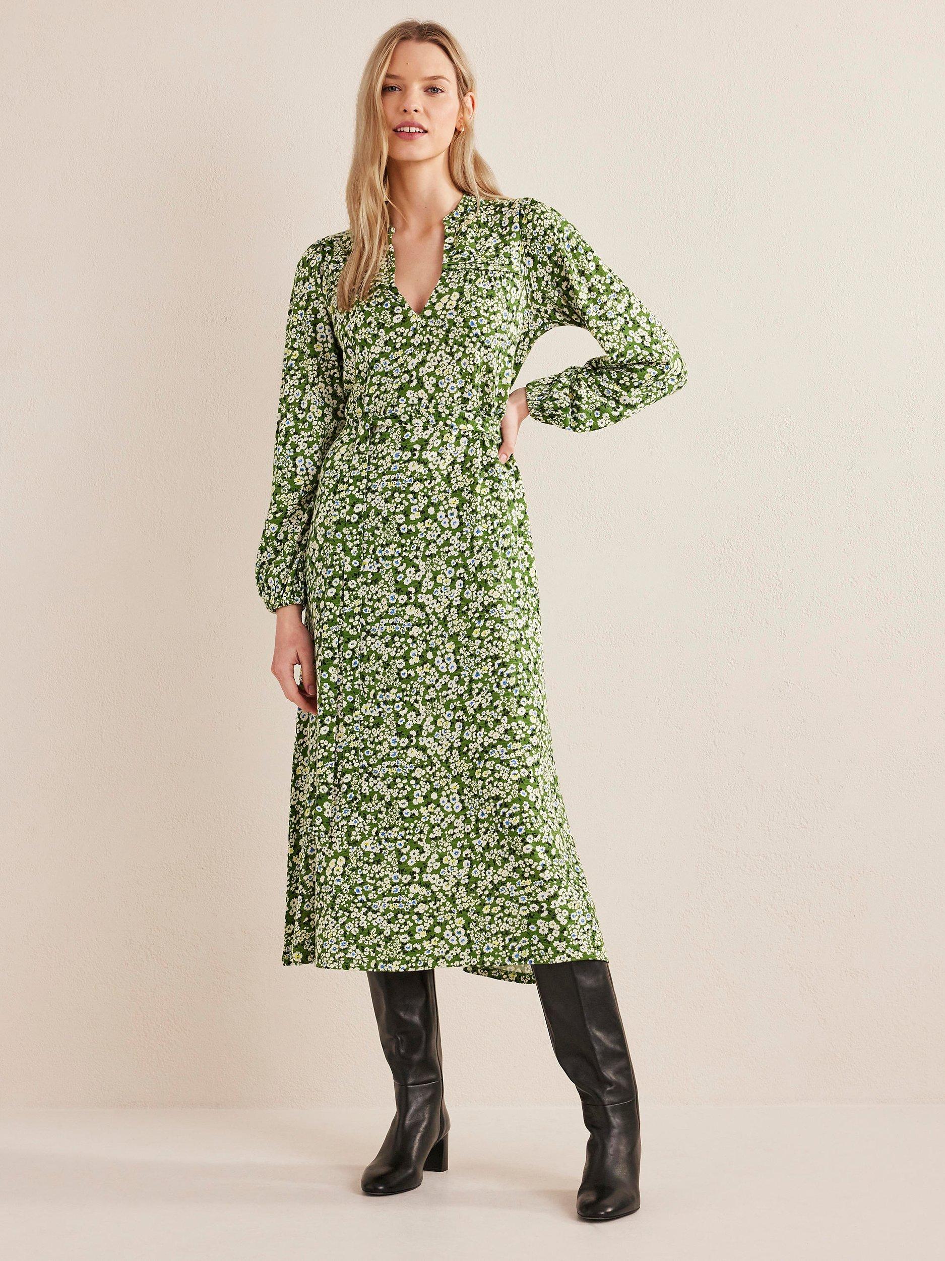 Boden Notch Neck Pintuck Midi Dress, Green