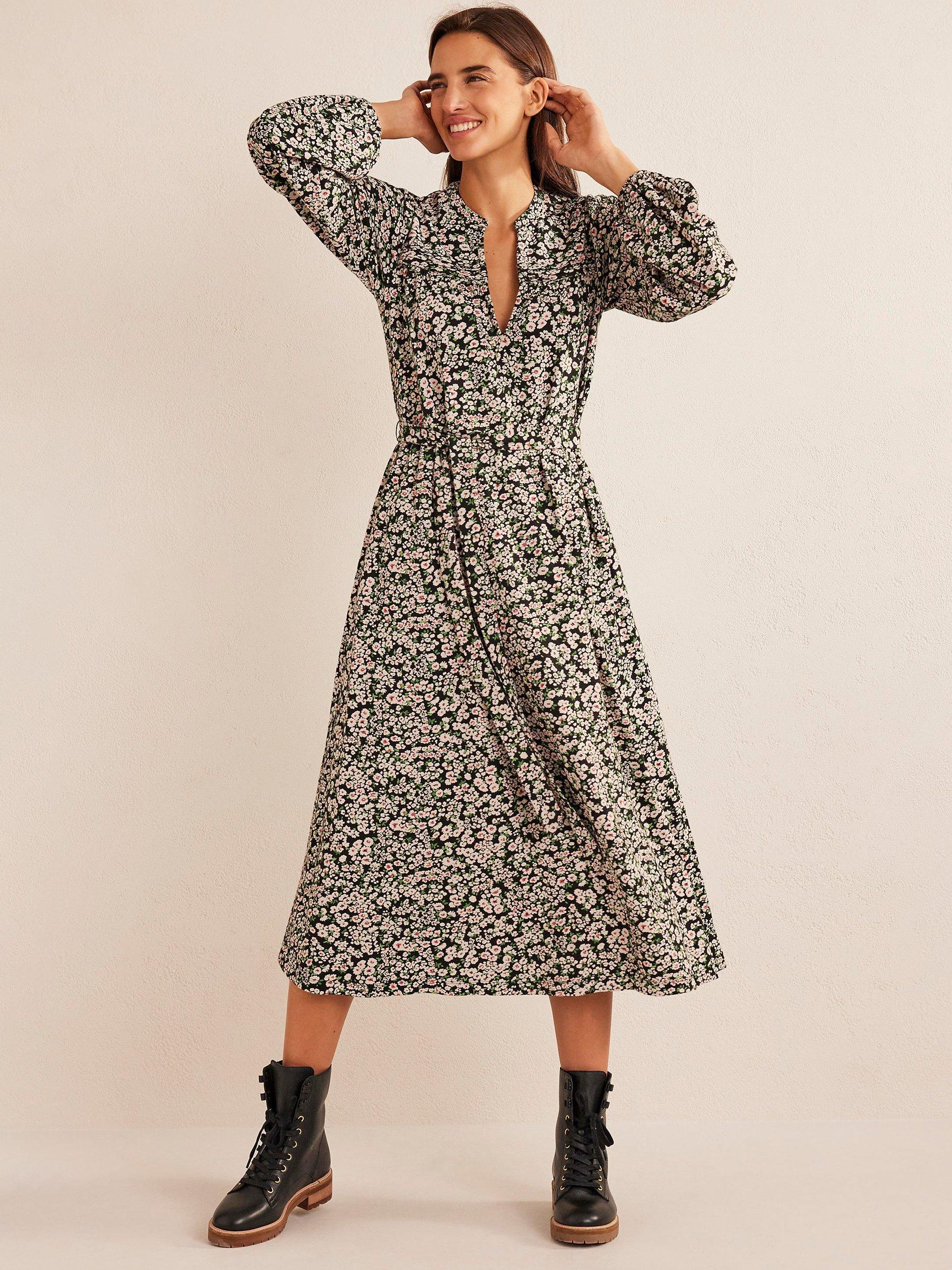 Boden Notch Neck Pintuck Midi Dress, Black