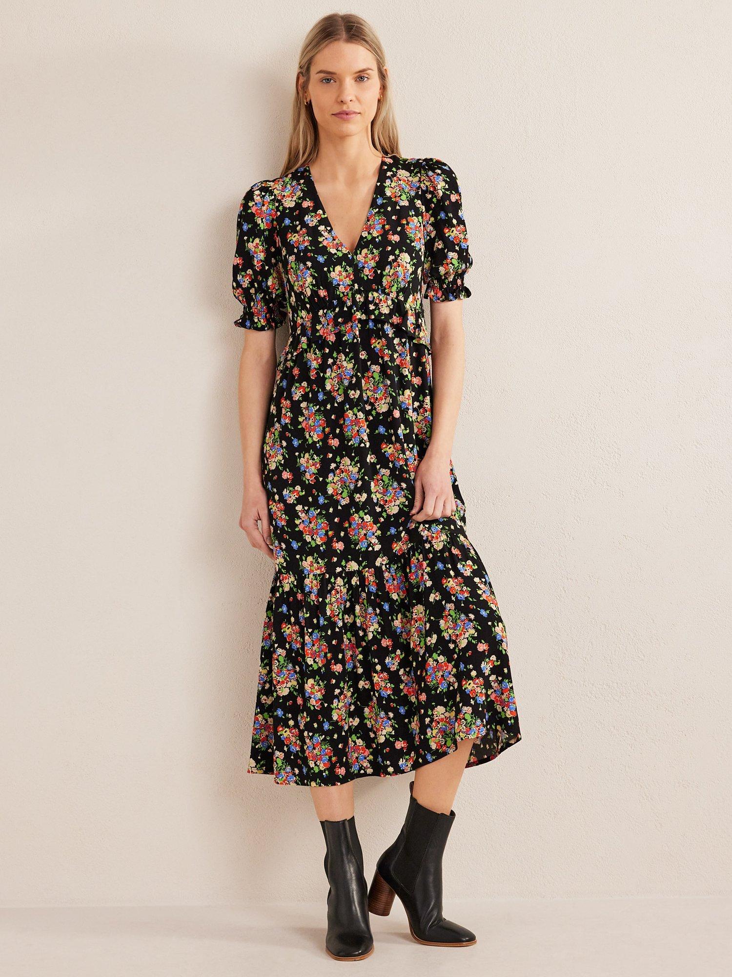 Boden Hotchpotch Peplum Tea Midi Dress, Black/Multi