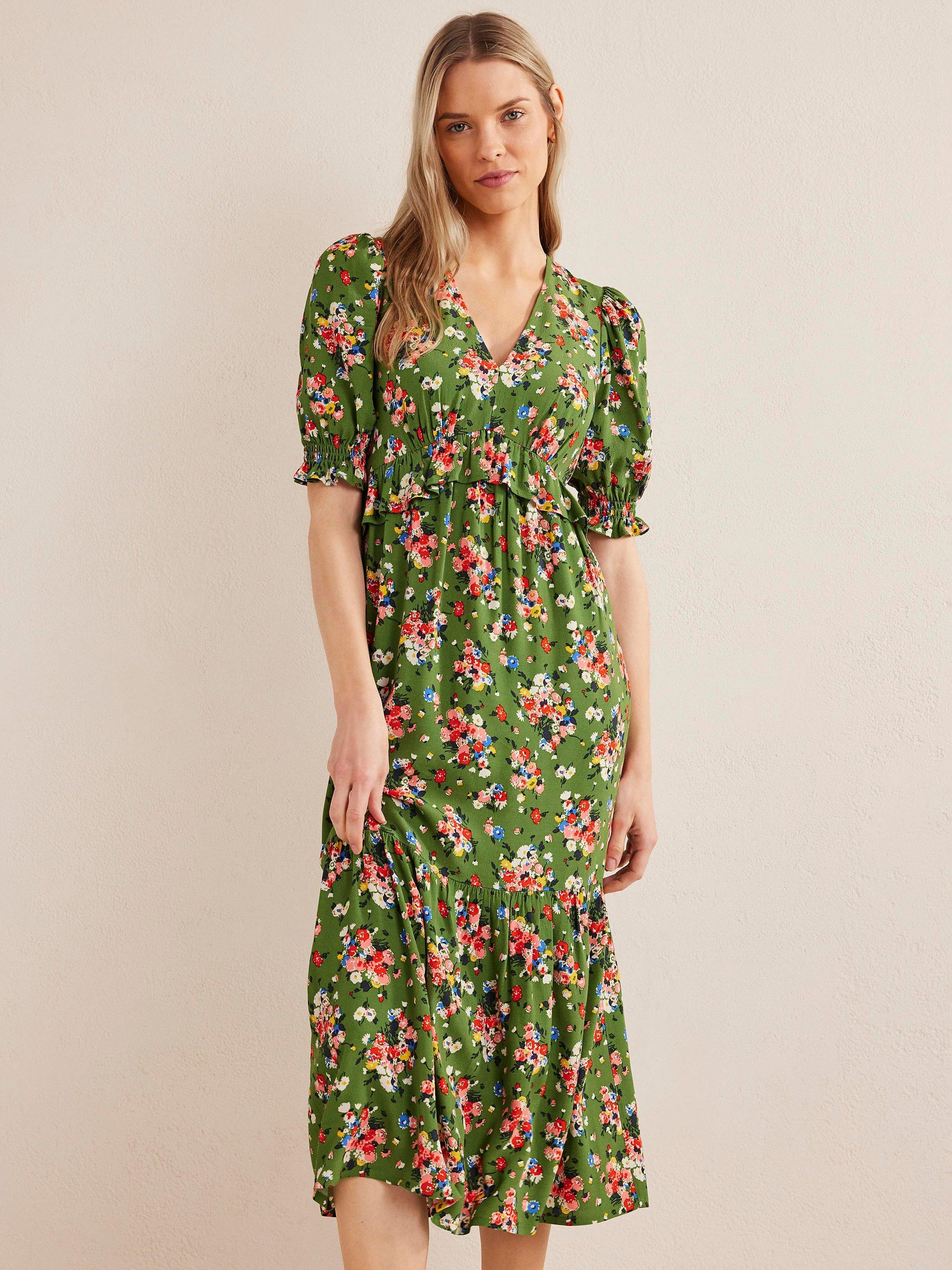 Boden Hotchpotch Peplum Tea Midi Dress, Green/Multi