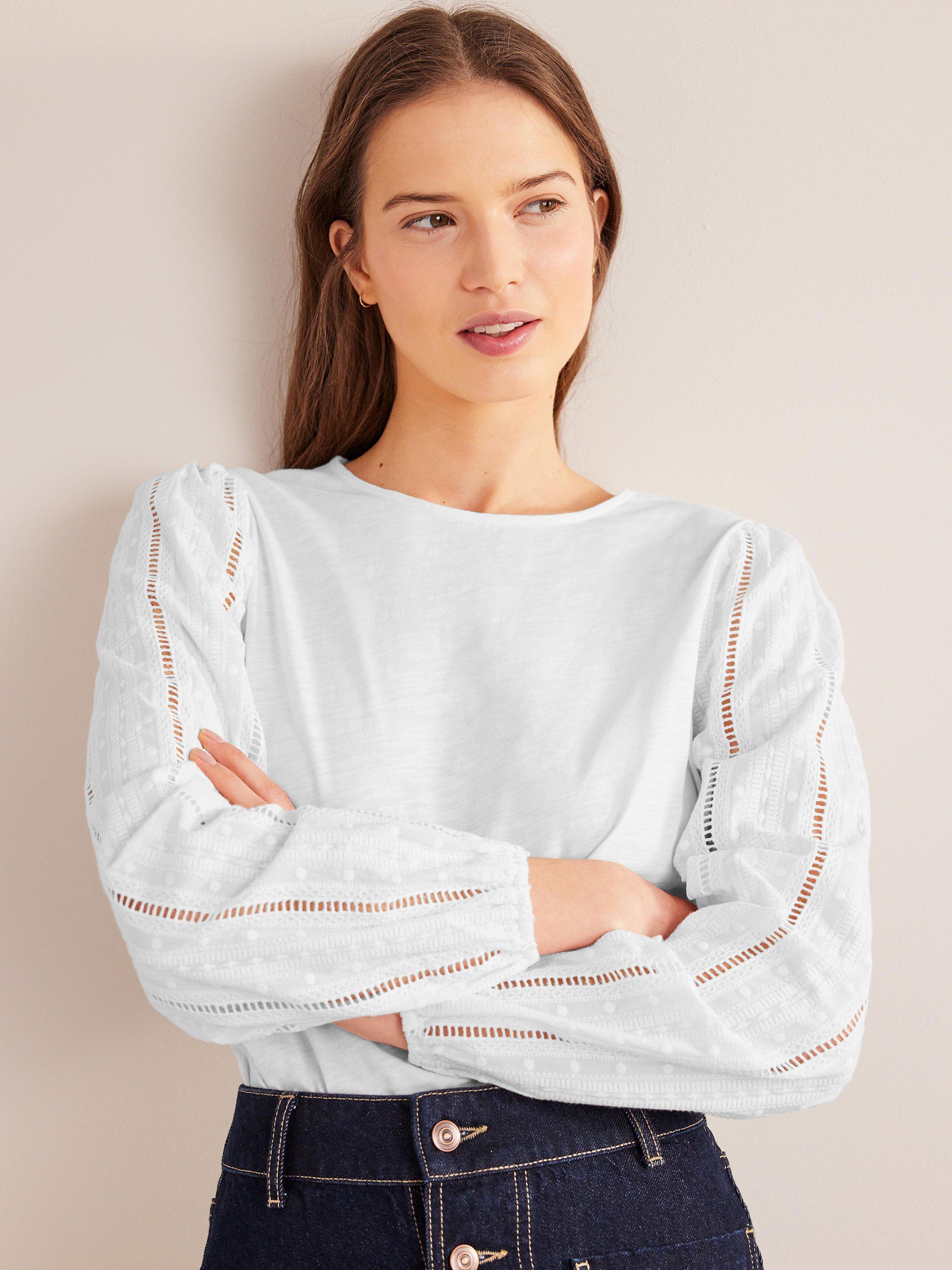 Boden Crew Neck Broderie Sleeve Top, White
