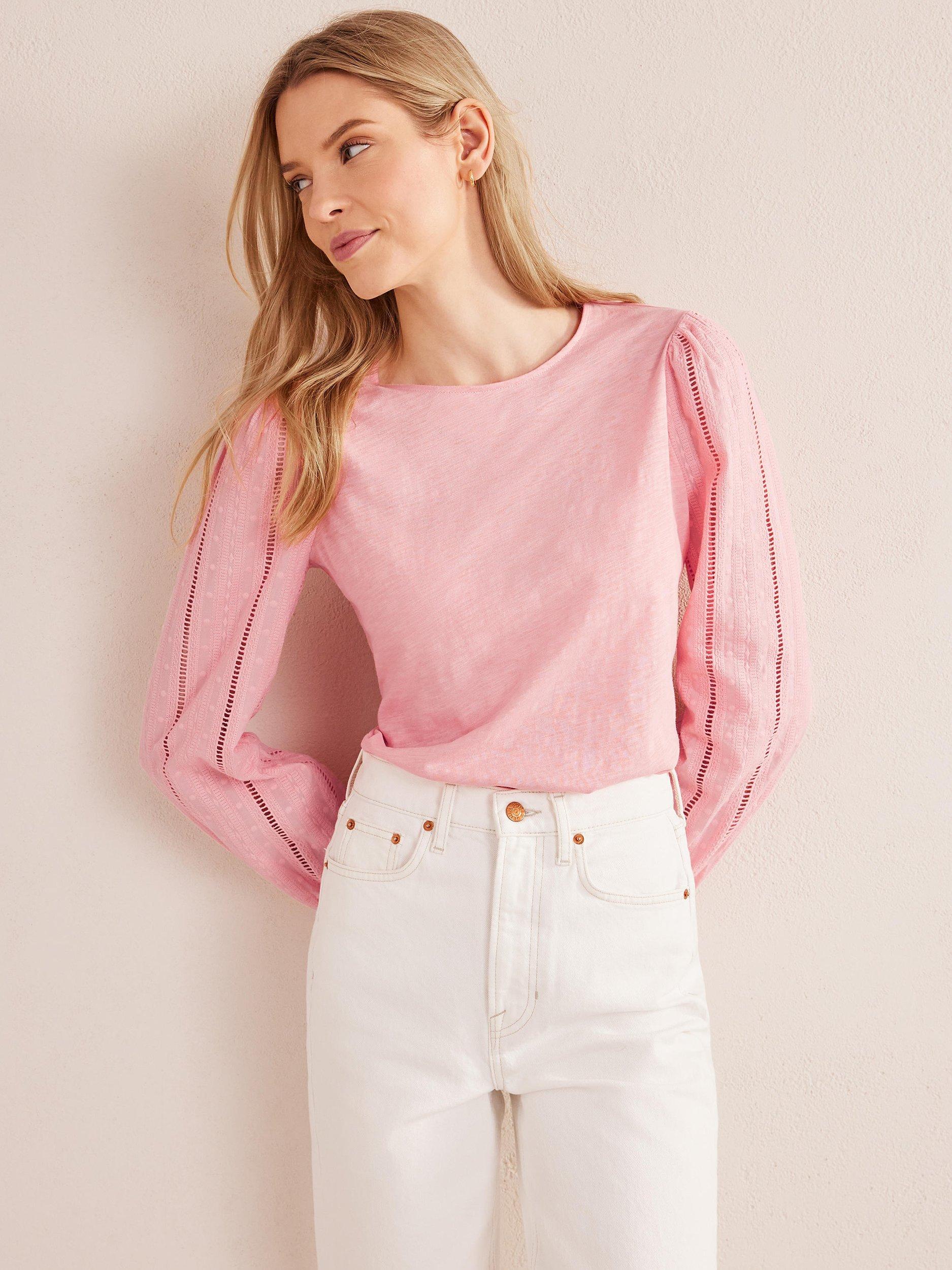 Boden Crew Neck Broderie Sleeve Top, Dahlia Pink