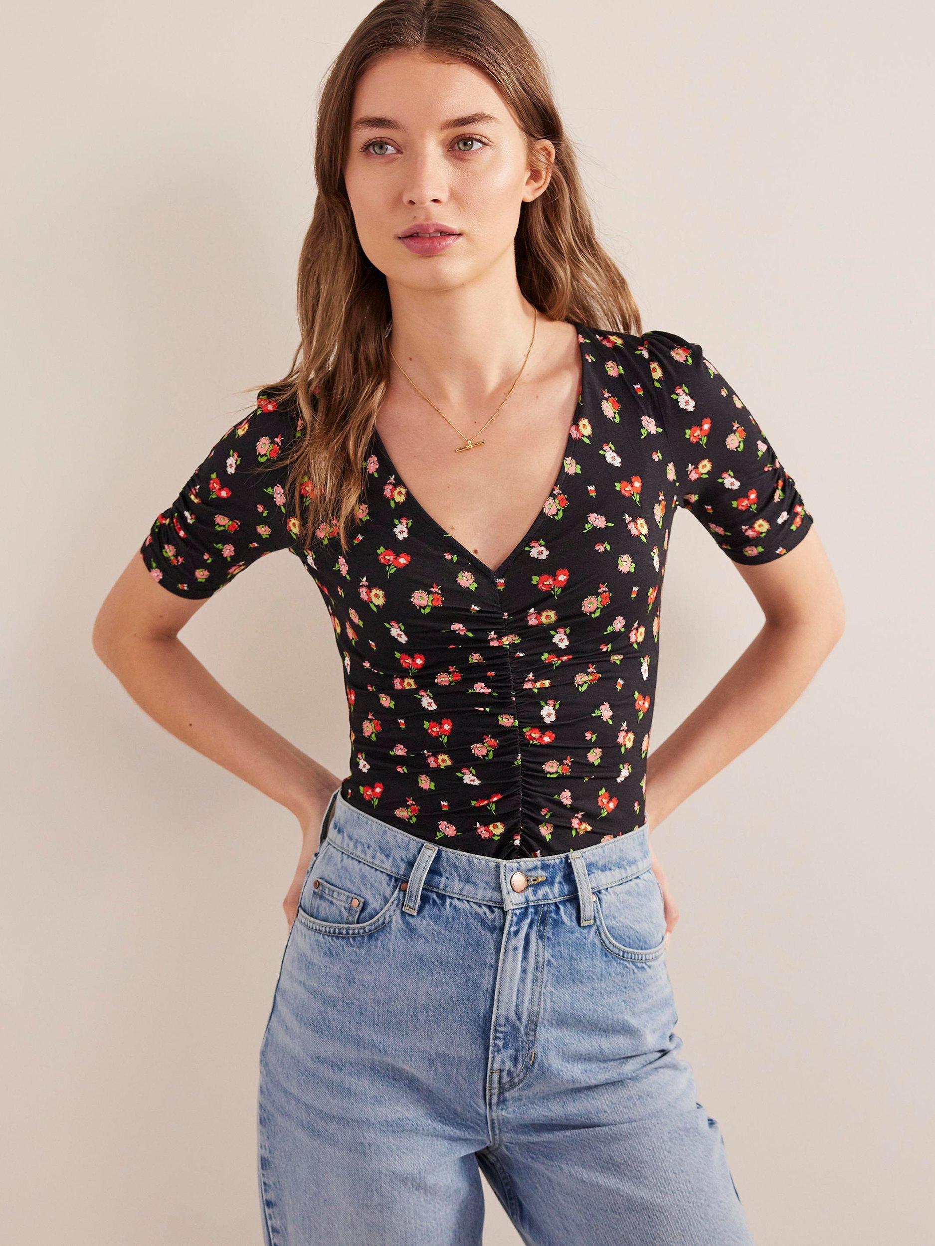 Boden Ruched Front Floral Top, Black