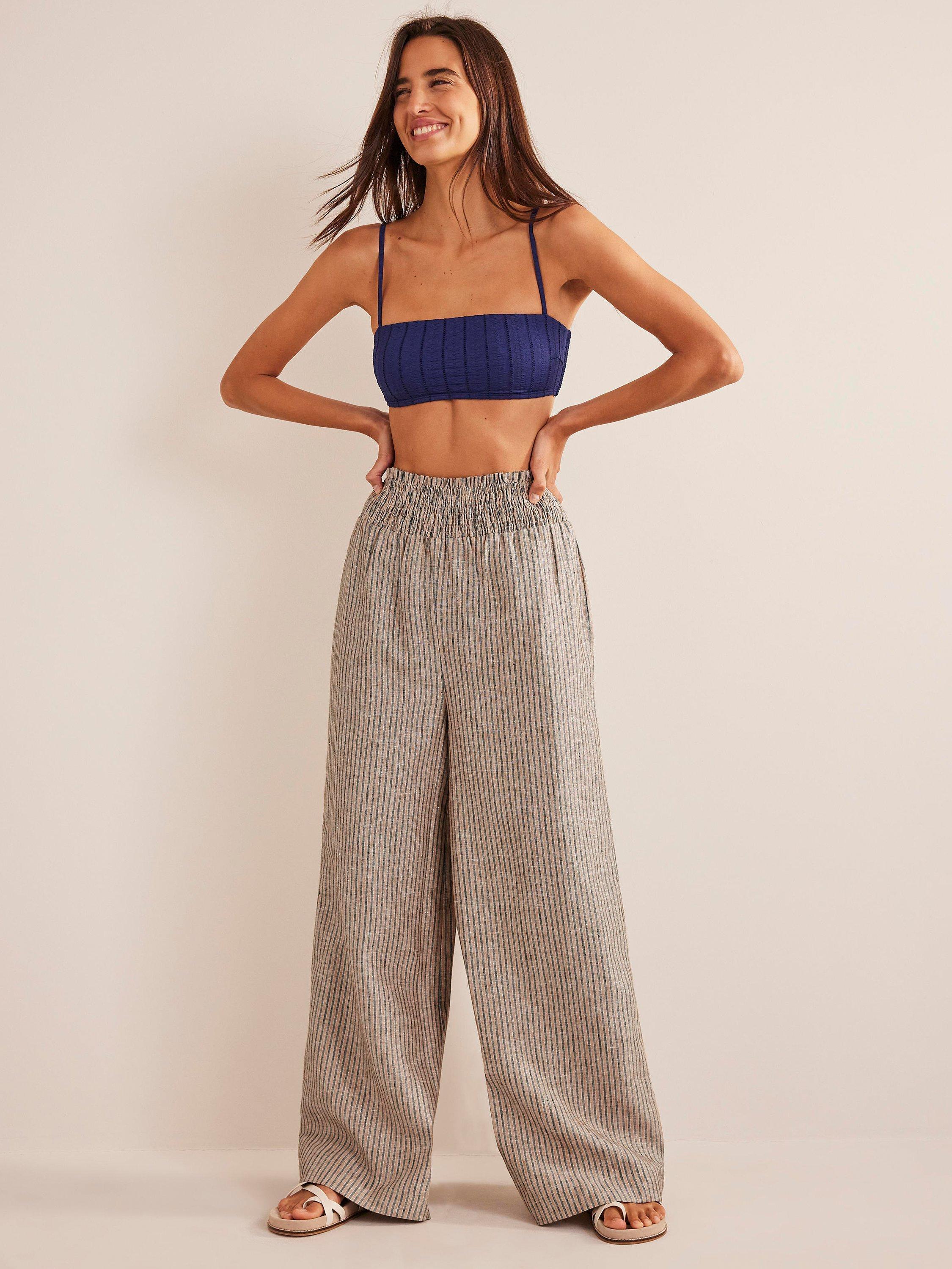 Boden Shirred Waistband Linen Wide Leg Trousers, Stripe