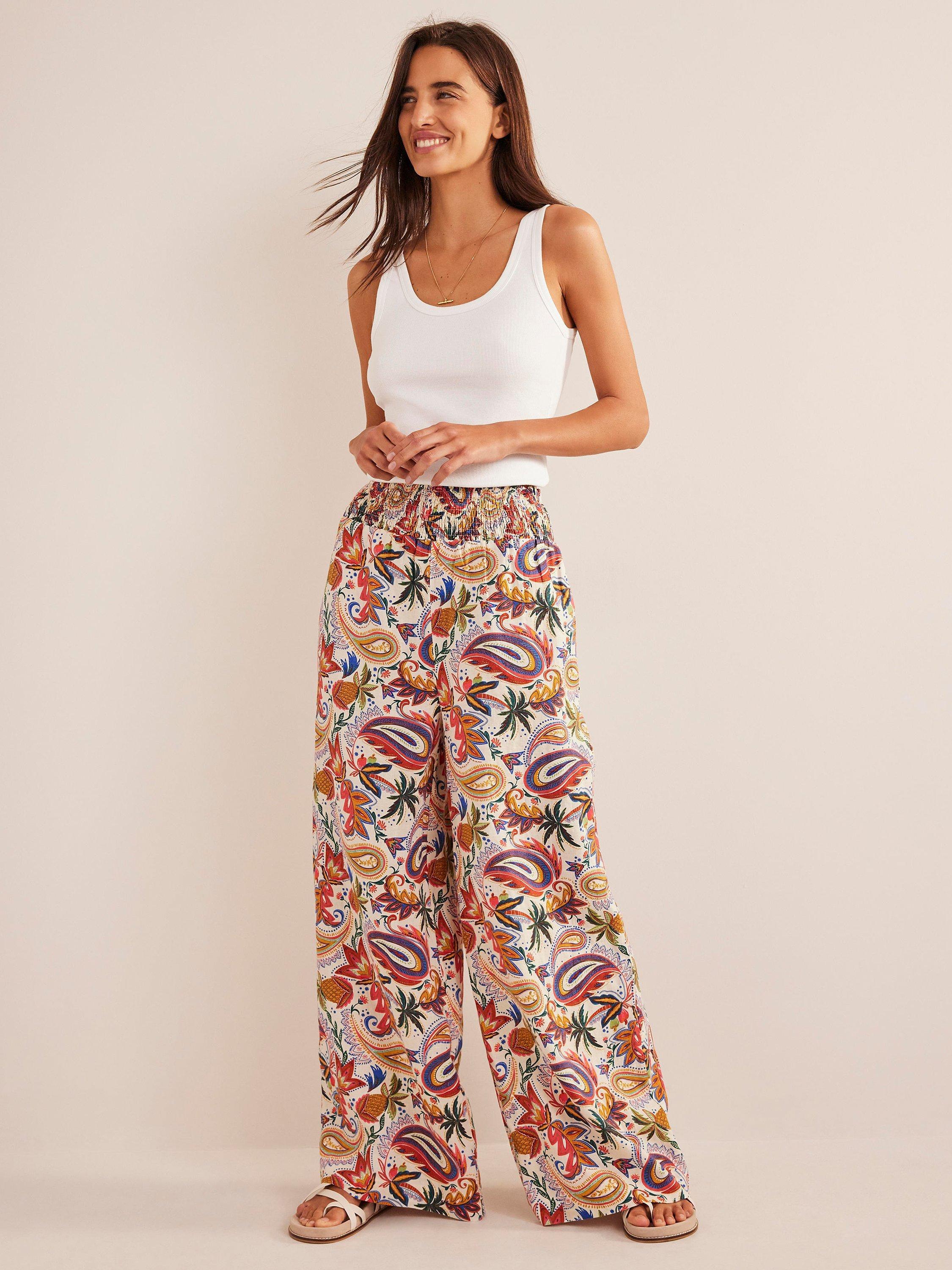 Boden Shirred Waistband Linen Wide Leg Trousers, Multi