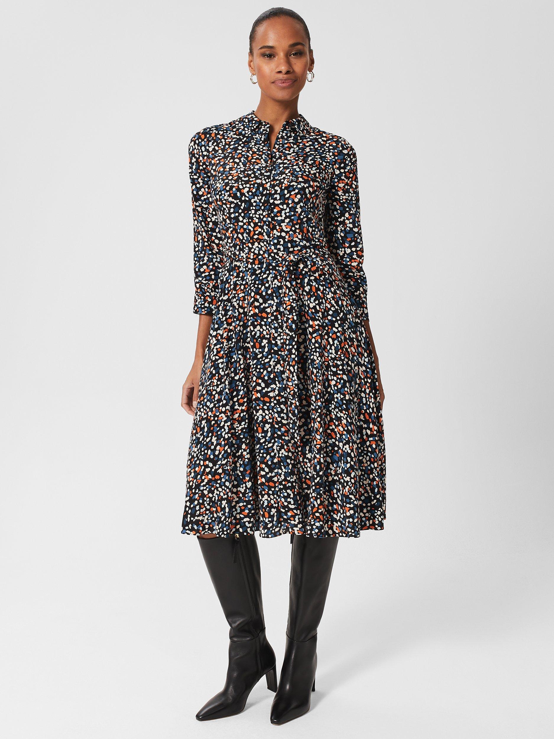 Hobbs Alex Spot Midi Dress, Black/Multi