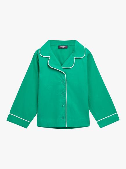Whistles Kids' Contrast Piping Cotton Pyjama Set, Green, Green