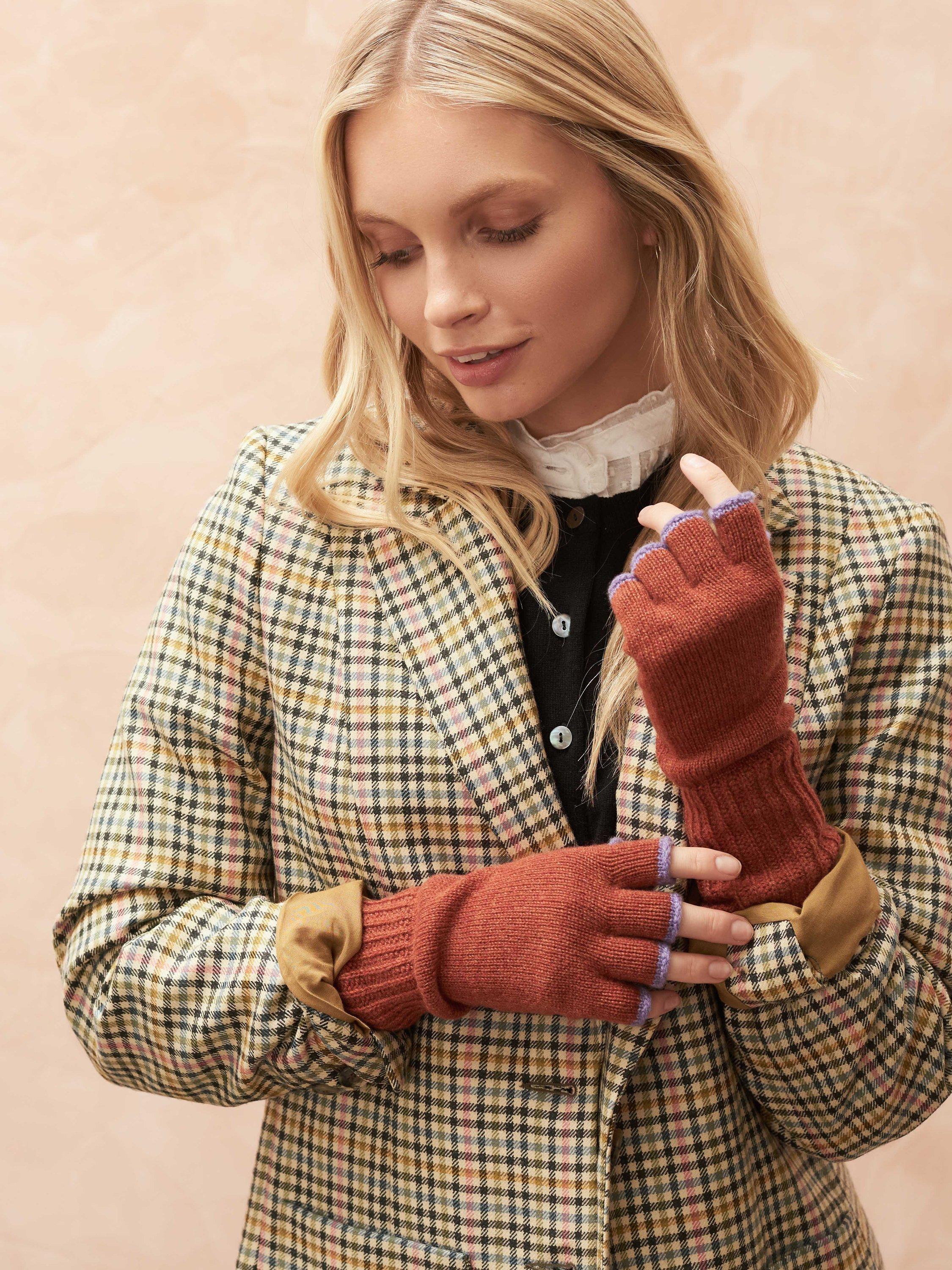 Brora Cashmere Fingerless Gloves, Ginger/Lavender, One Size