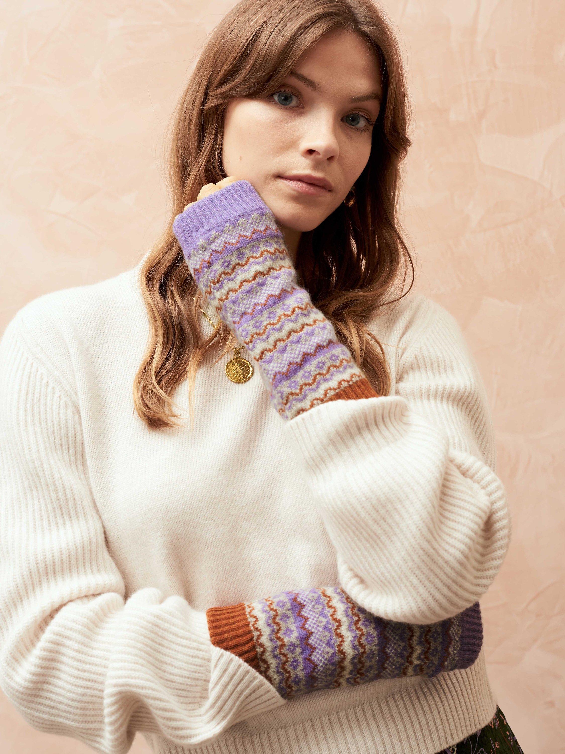 Brora Cashmere Folk Fairisle Fingerless Gloves, Ginger/Lavender, One Size