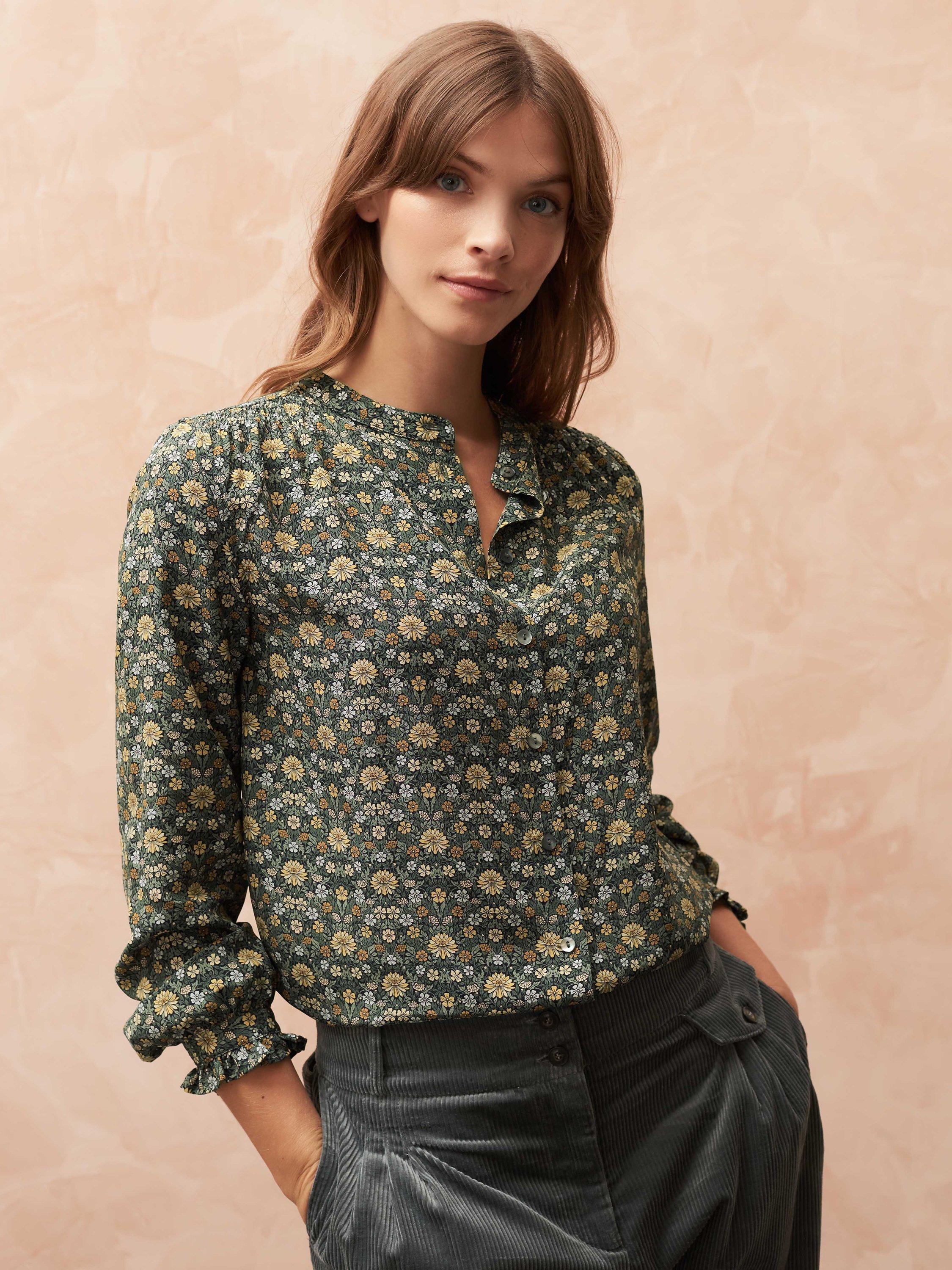 Brora Liberty Print Silk Smocked Shirt, Olive Meadow
