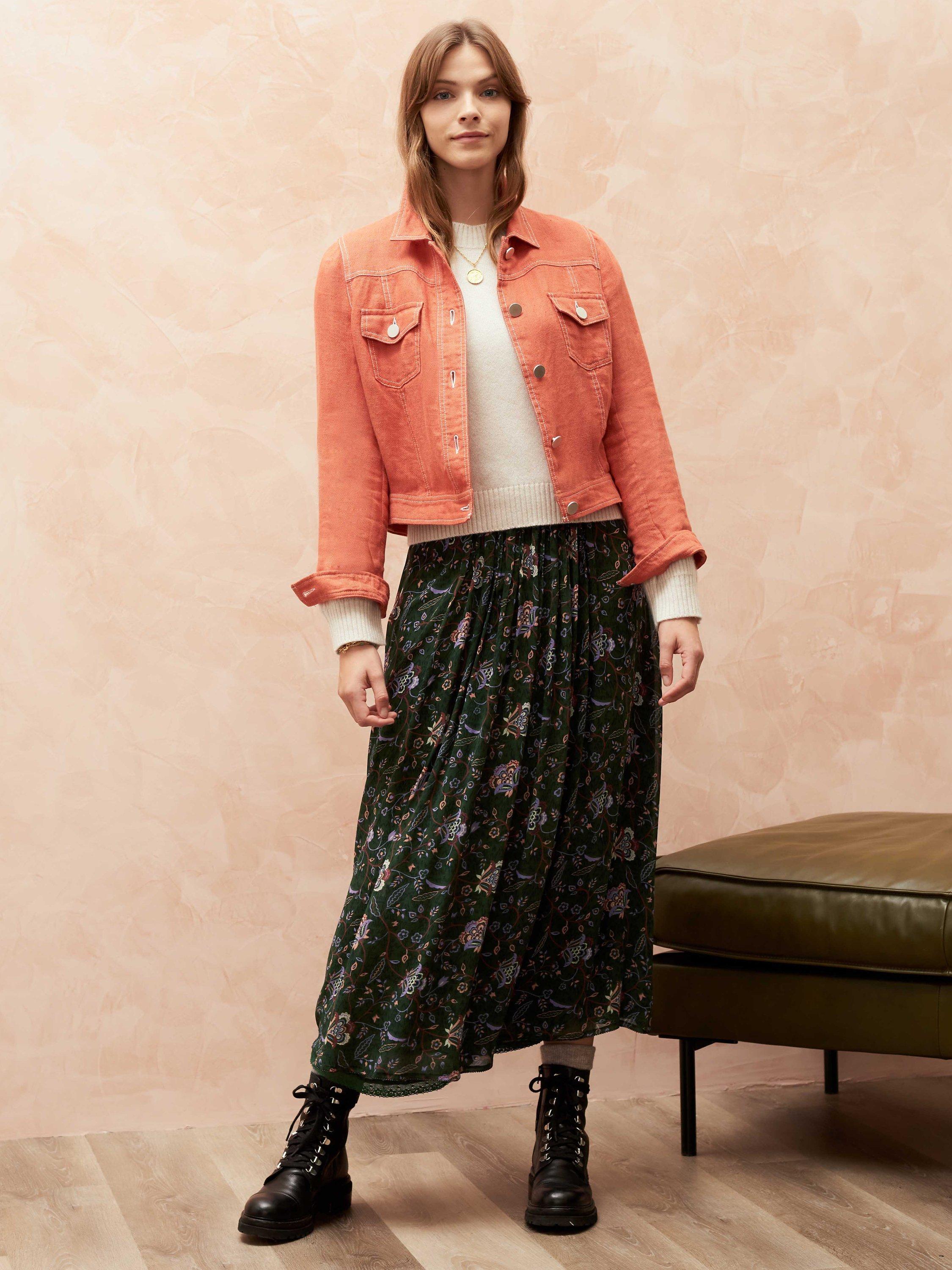 Brora Silk Tree Of Life Print Pleated Skirt, Khaki