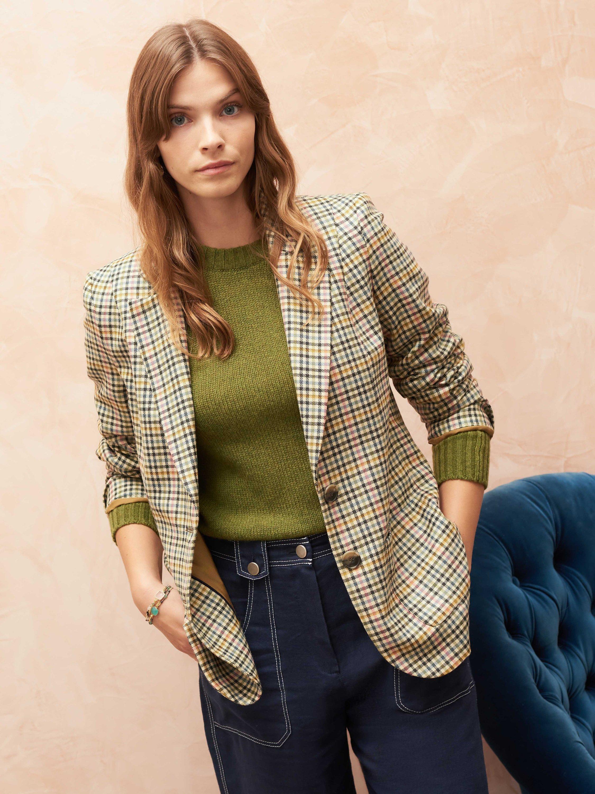 Brora Wool Checked Blazer, Natural & Peony