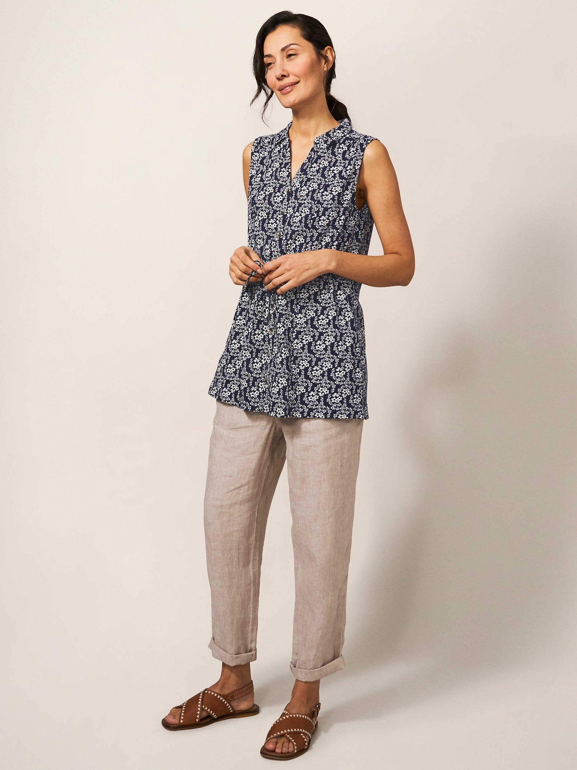 White Stuff Ember Sleeveless Longline Floral Shirt, Navy/White