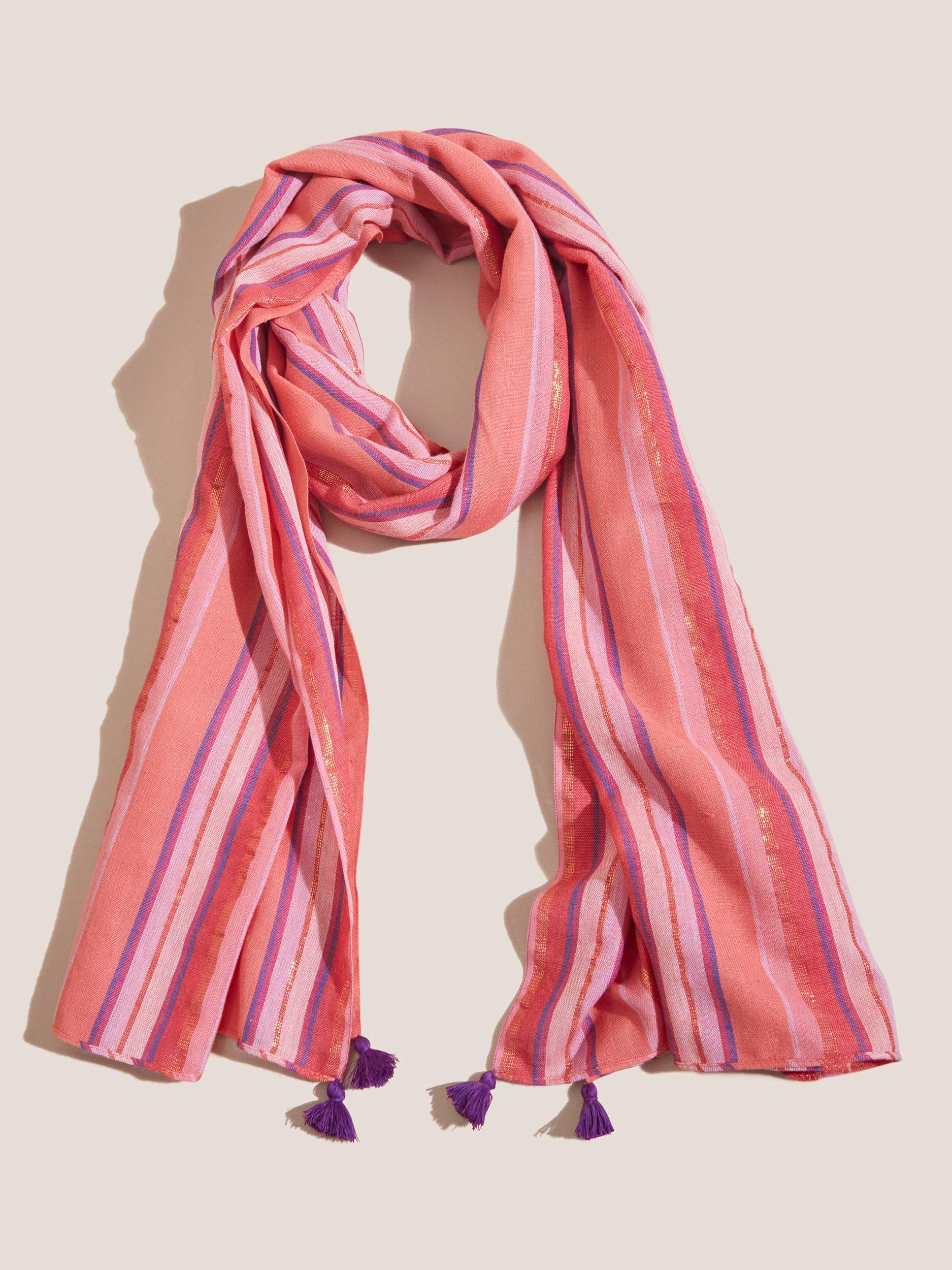 White Stuff Stripe Metallic Scarf, Pink/Multi