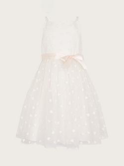 Monsoon Kids' Heart Print Puff Organza Dress, Ivory, Ivory