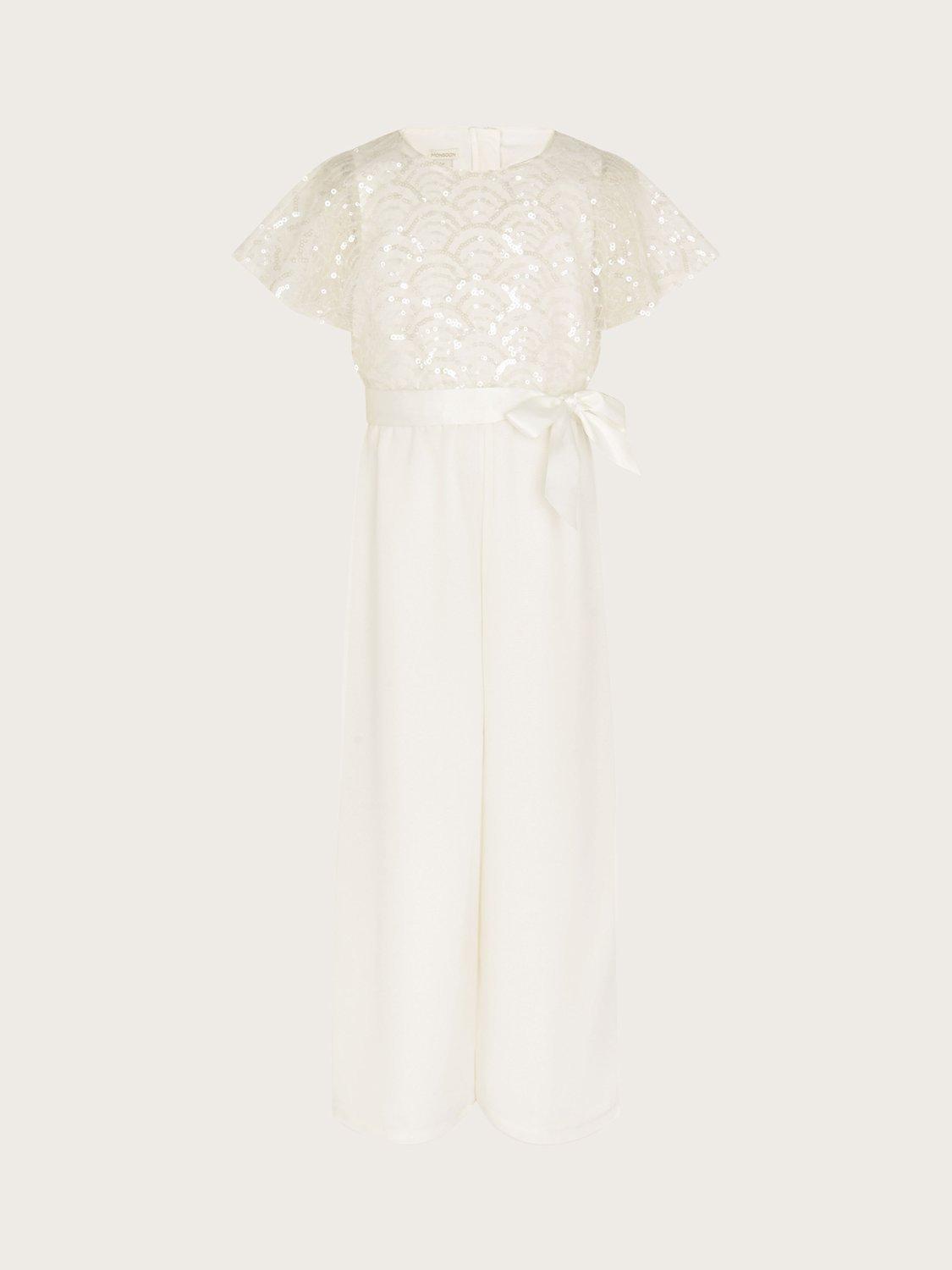 Product image 1 of 5, which shows Monsoon Kids' Truth Deco Cape Sleeve Jumpsuit, Ivory, 3-4 years