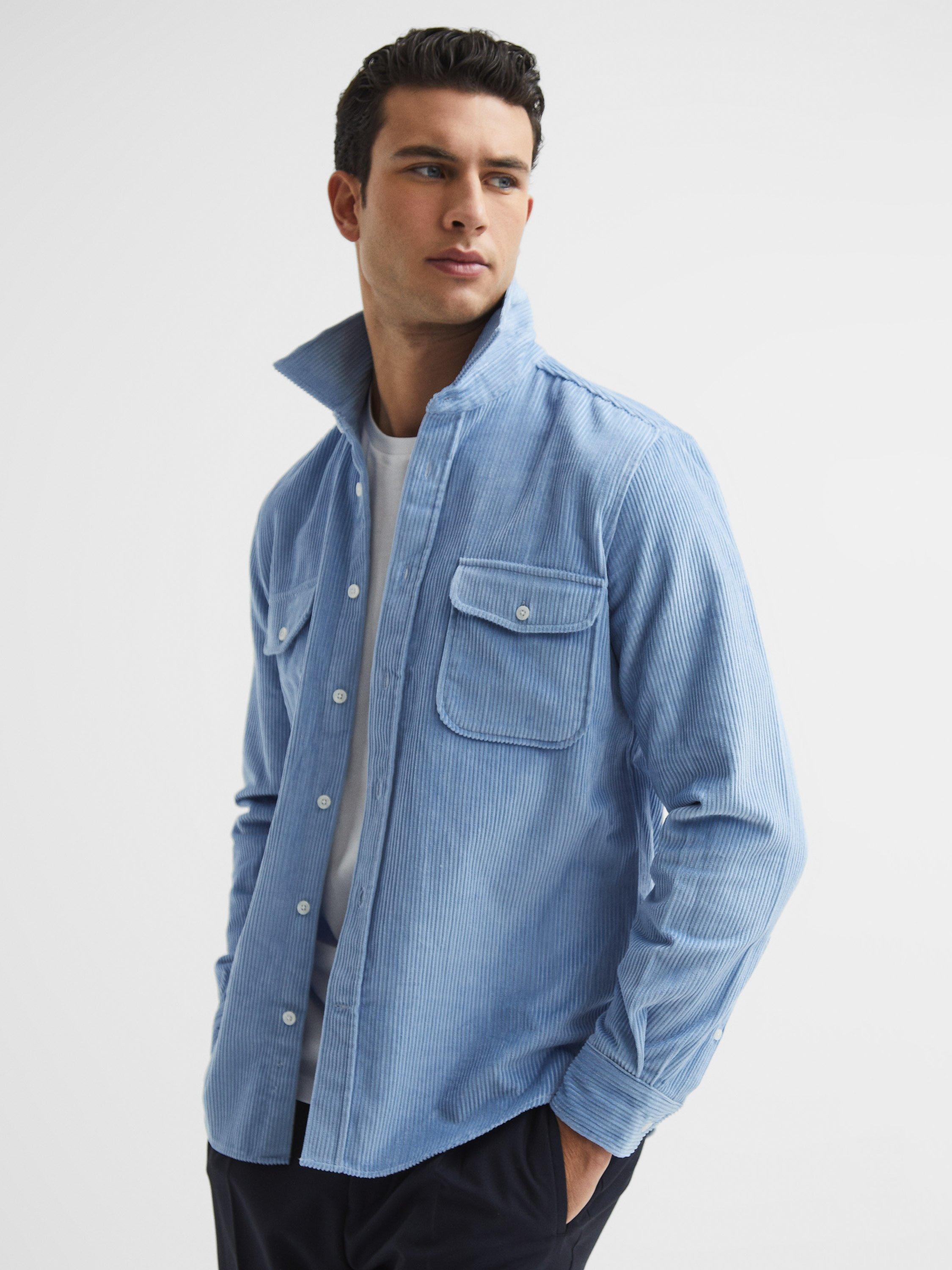 Reiss Bonucci Twin Pocket Corduroy Shirt, Sky Blue, XL
