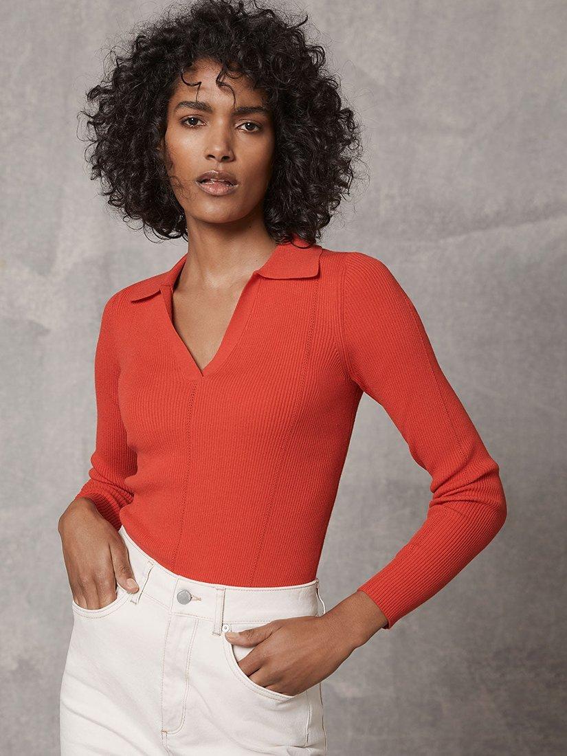 Mint Velvet Ribbed Long Sleeve Polo Top, Red, L