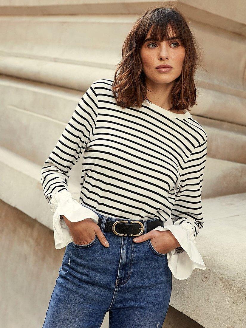 Mint Velvet Striped Cuff Detail Top, White