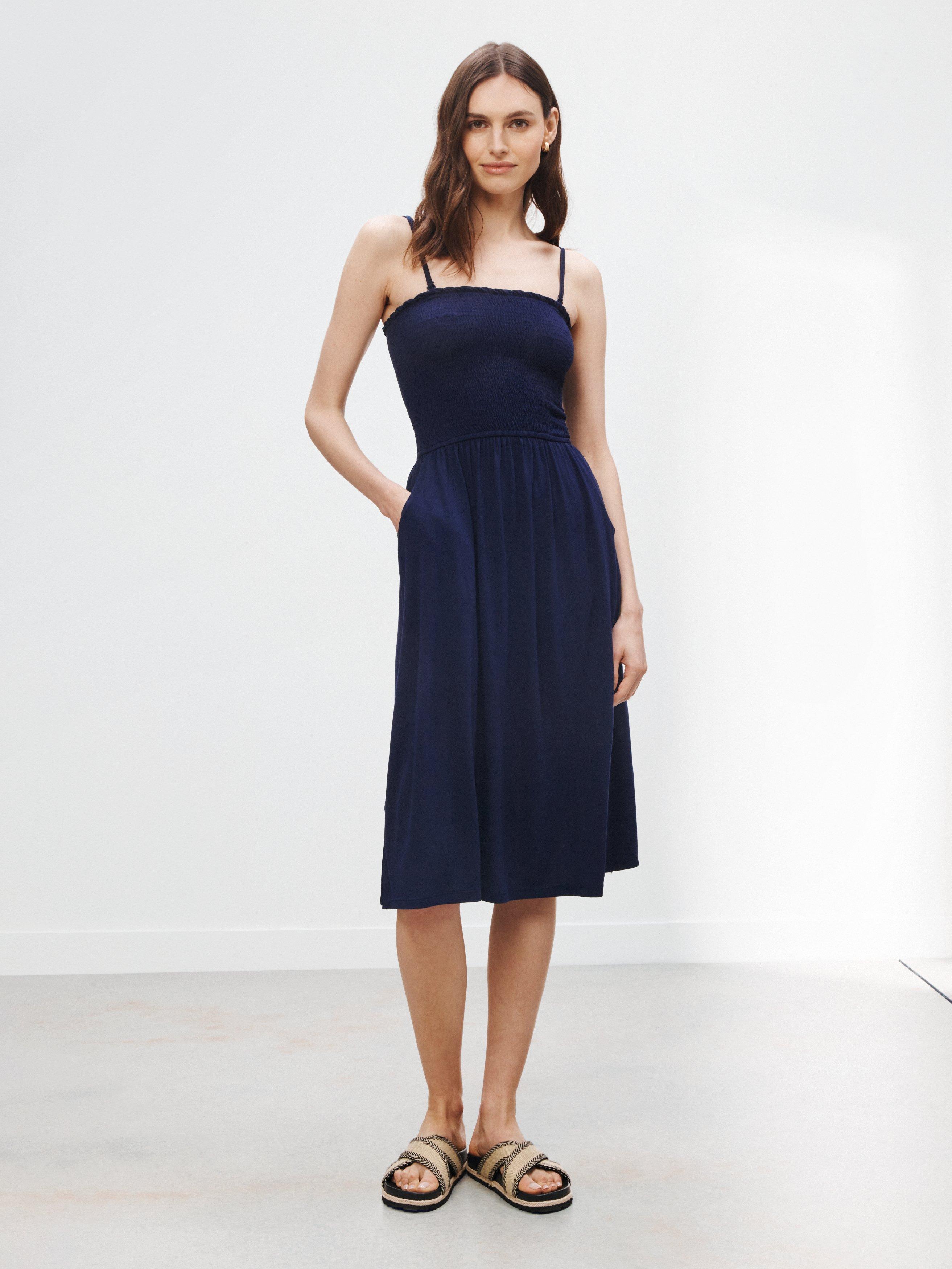 John Lewis Shirred Midi Dress, Navy