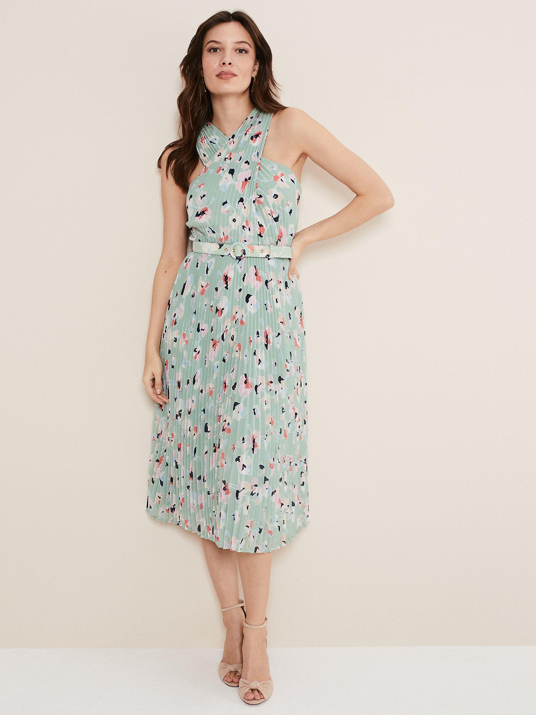 Product image 1 of 6, which shows Phase Eight Portia Pleated Dress, Peppermint, 12