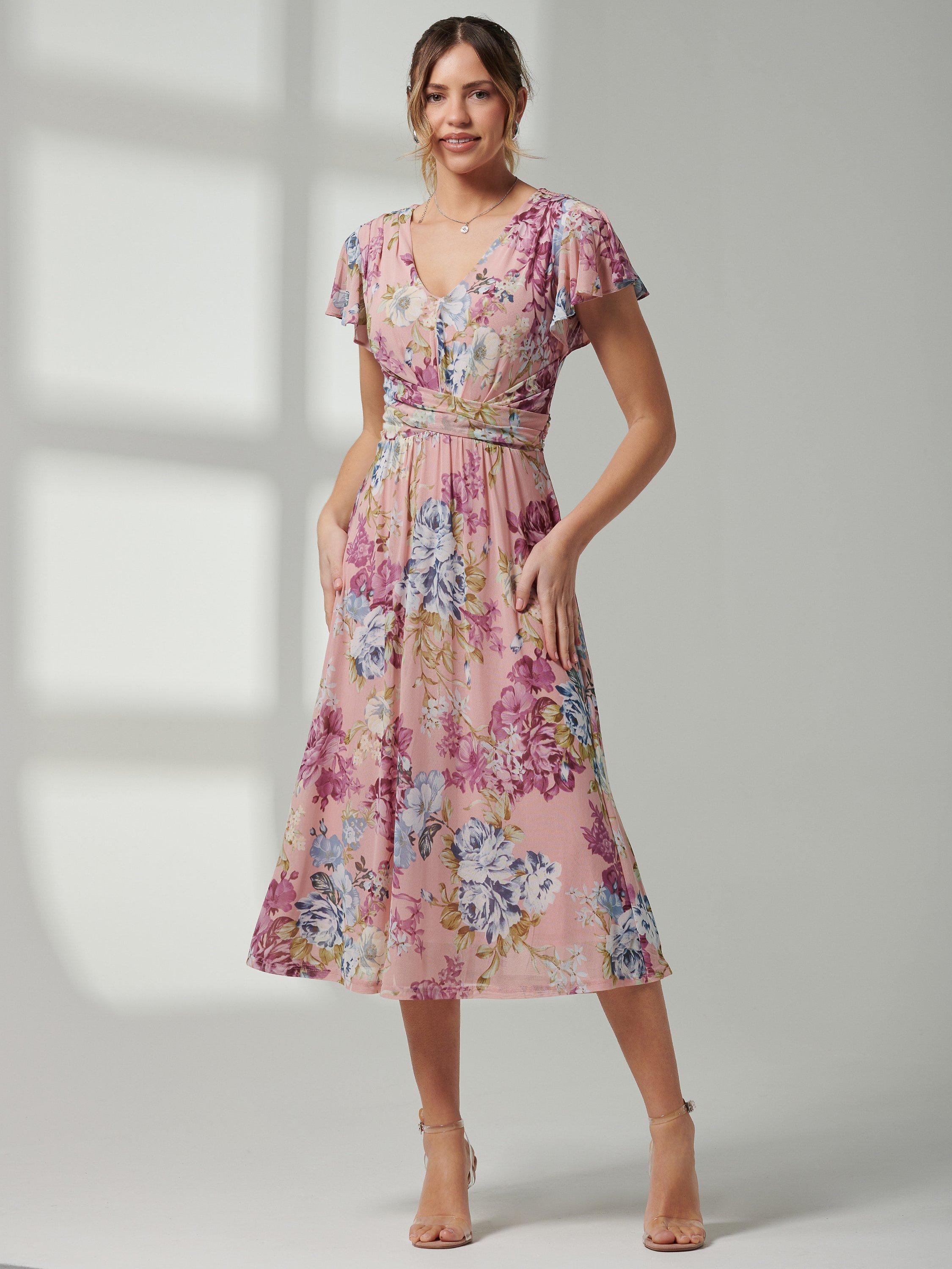 Jolie Moi Scarlett Cap Sleeve Mesh Midi Dress, Pink
