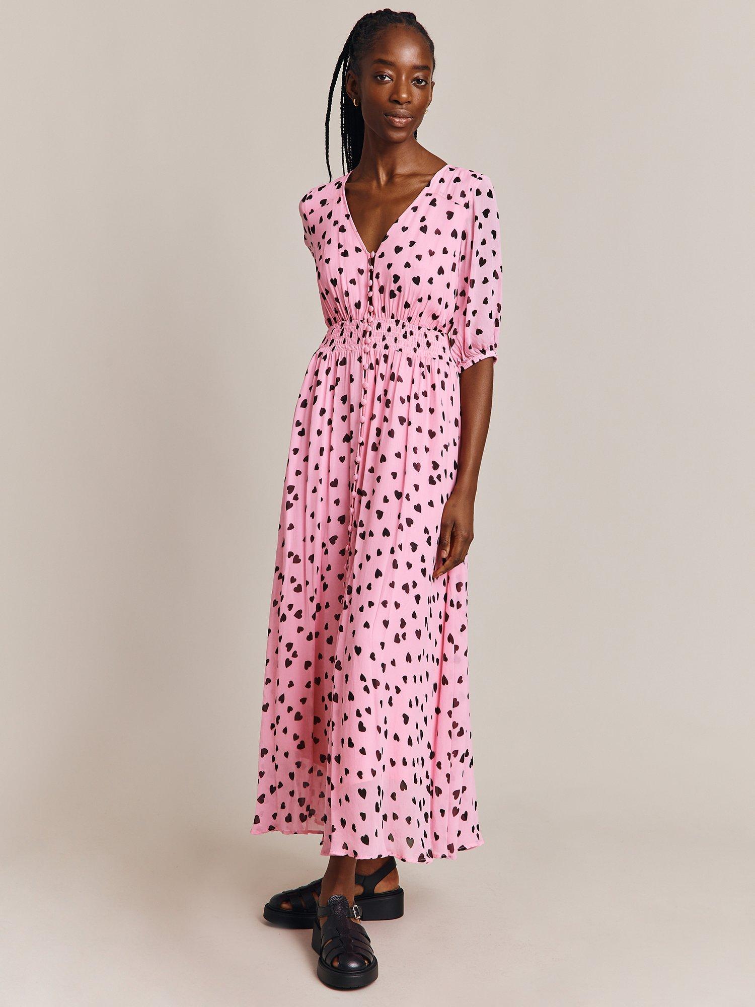 Ghost Valentina Heart Print Midi Dress, Pink