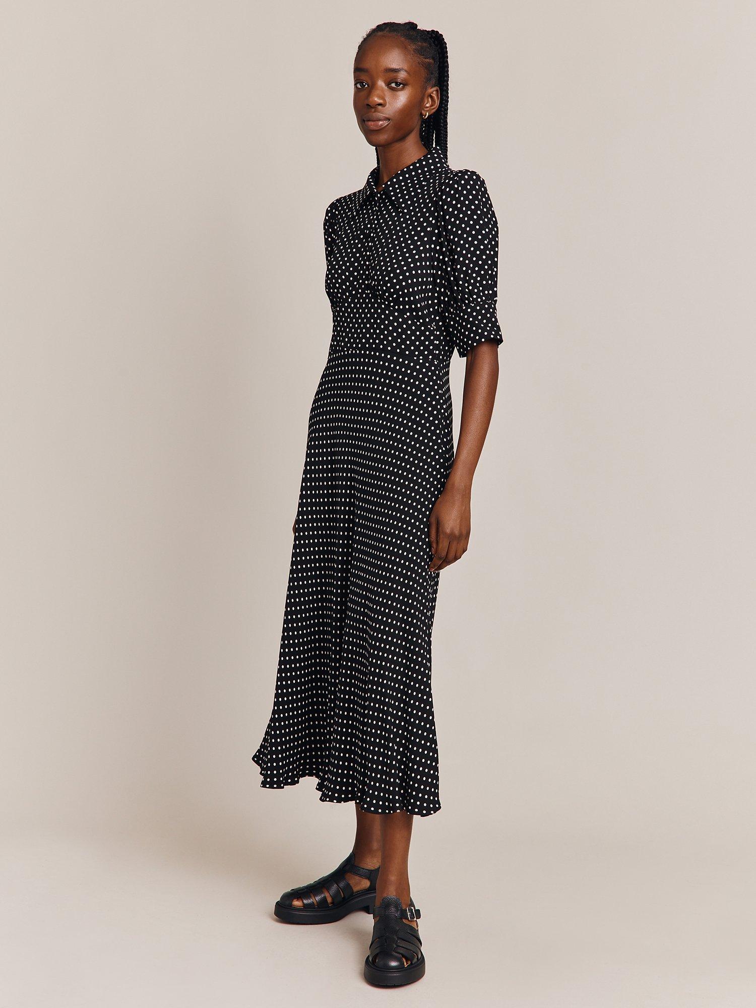 Product image 1 of 4, which shows Ghost Wilma Spot Midi Dress, Black/Multi, XXS
