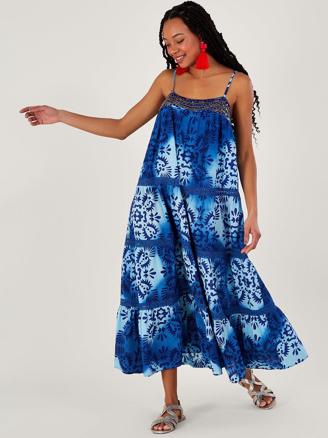 Monsoon Tile Motif Batik Tiered Maxi Dress, Blue