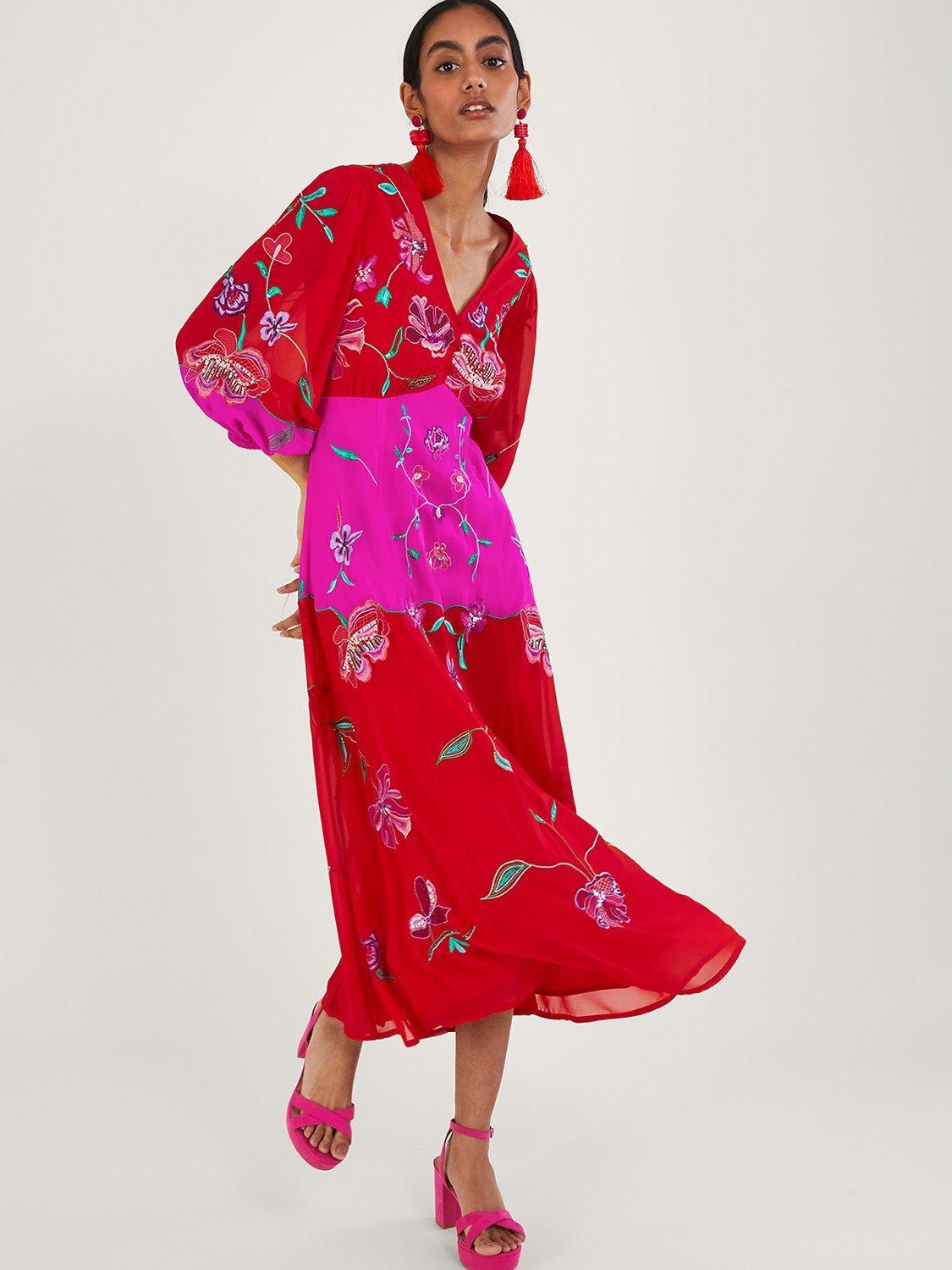 Monsoon Joanna Embroidered Dress, Red