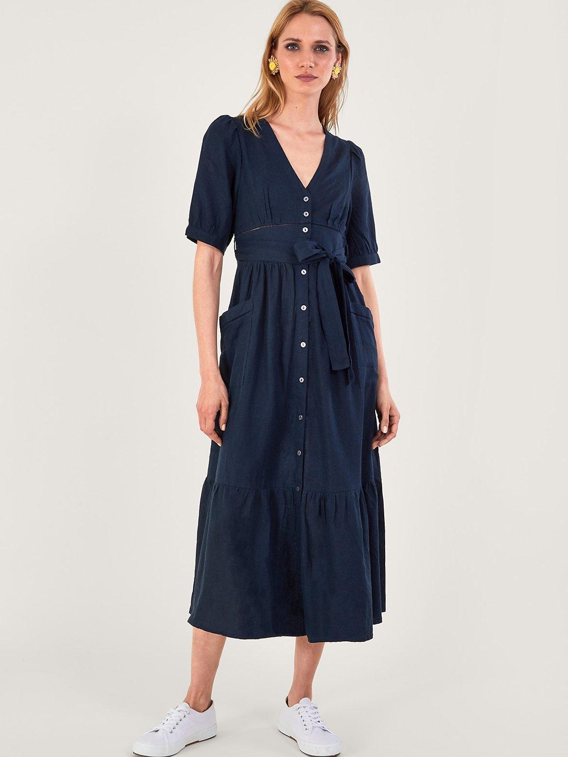 Monsoon Linen Blend Tiered Midi Dress, Navy