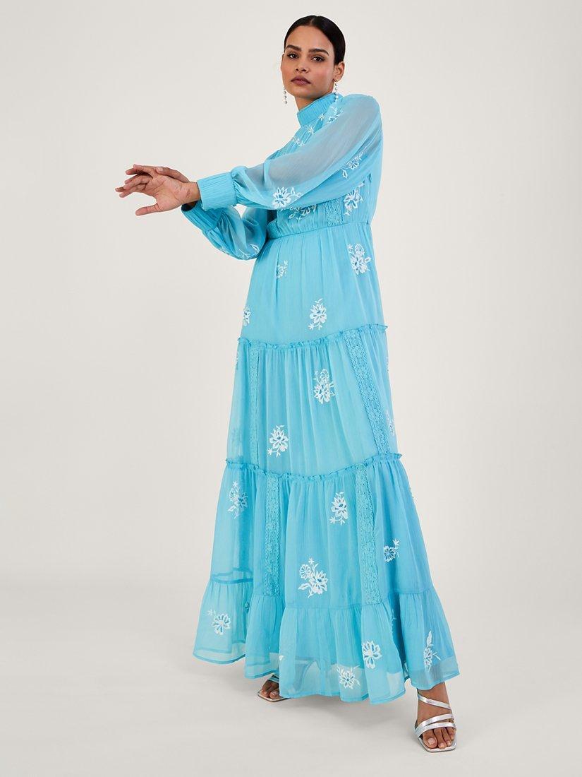 Monsoon Maddie Embroidered Maxi Dress, Aqua