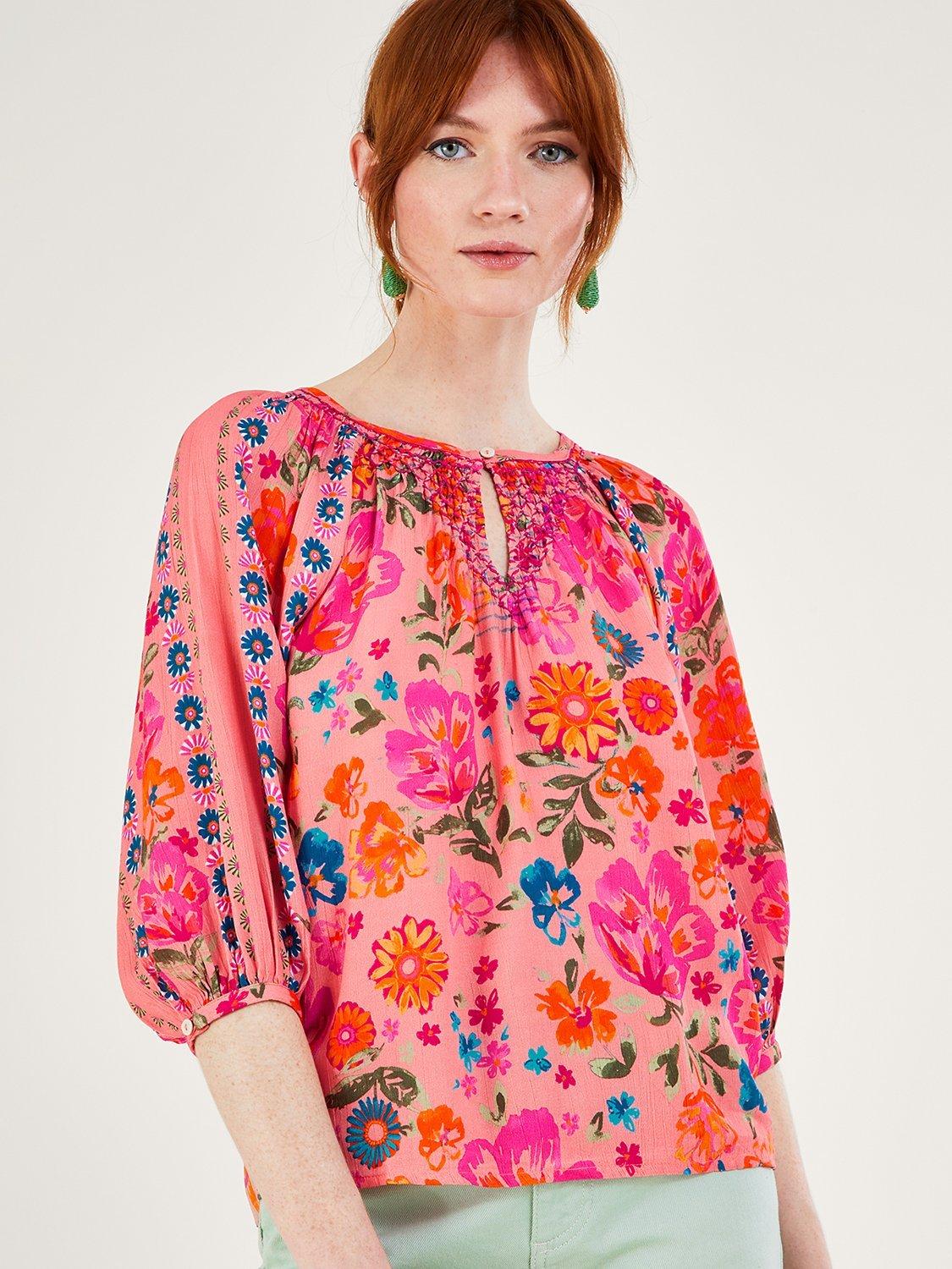 Monsoon Alina Floral Print Shirred Blouse, Coral/Multi