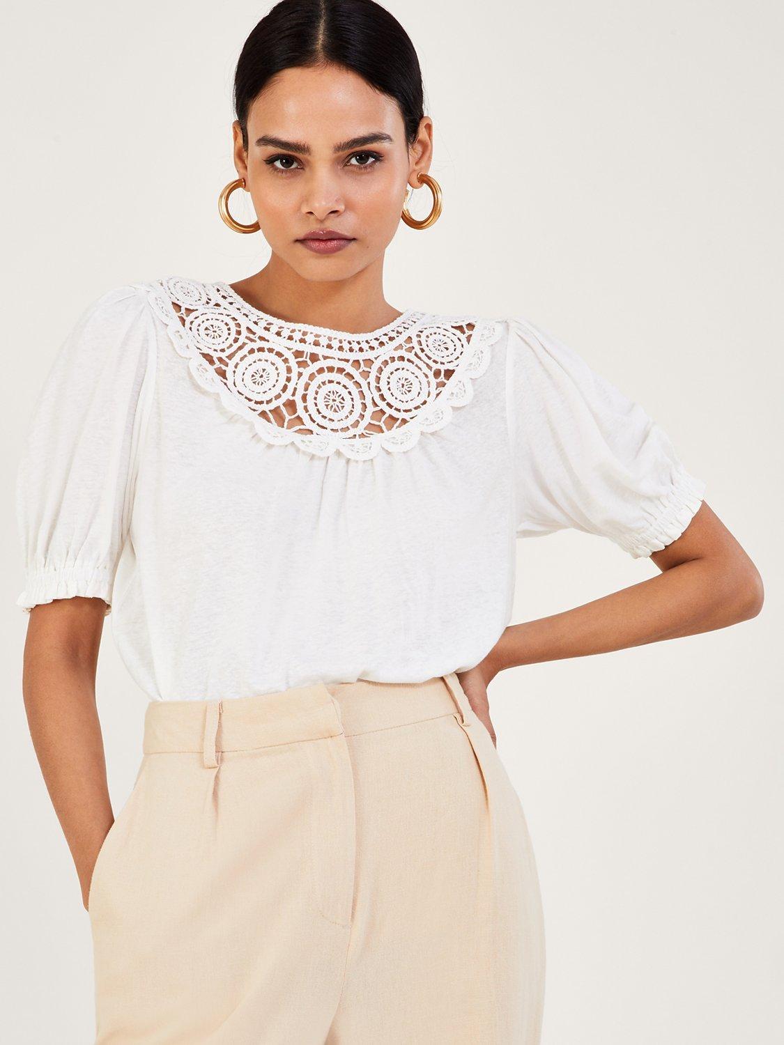 Monsoon Linen Crochet Frill Sleeve Top, Ivory
