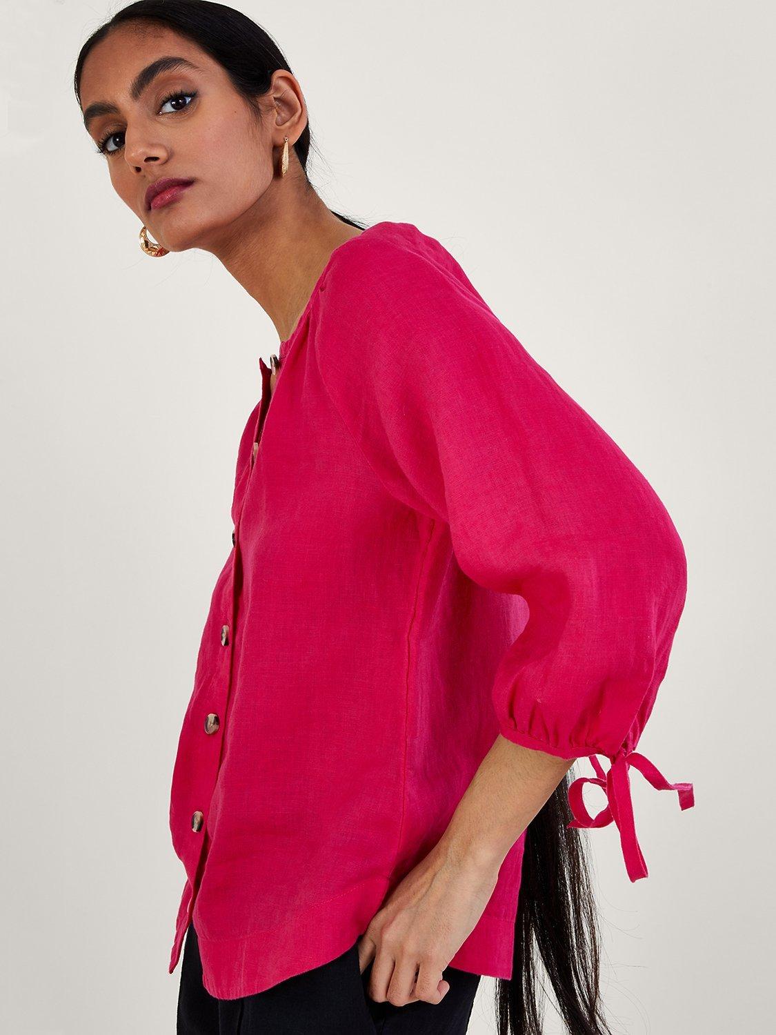 Monsoon Button Through Tie Cuff  Linen Blouse, Pink, M