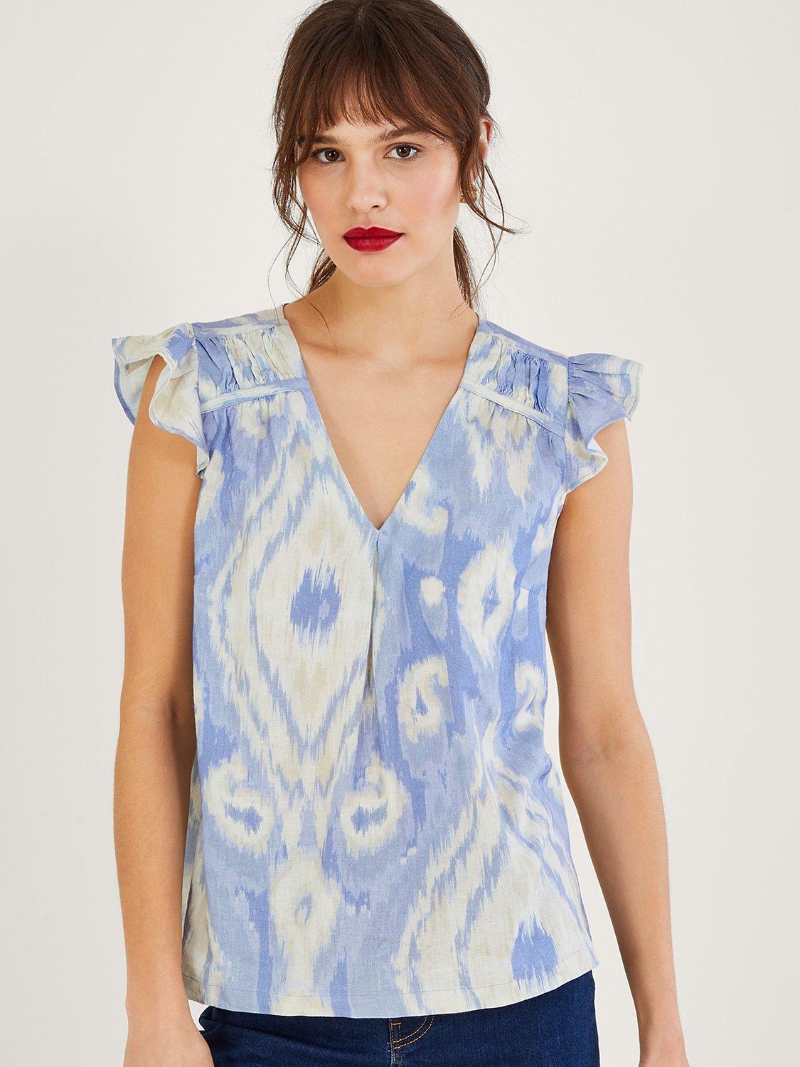 Monsoon Peggy Sustainable Linen Top, Blue/Multi