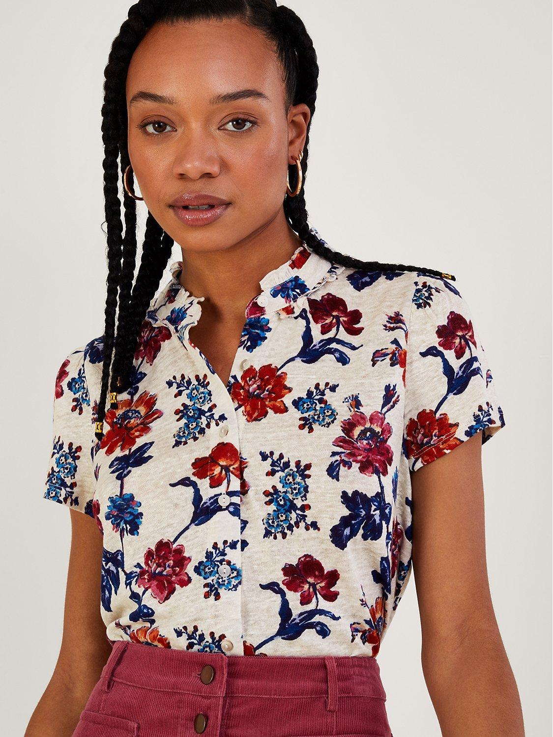Monsoon Floral Short Sleeve Linen Top, Multi
