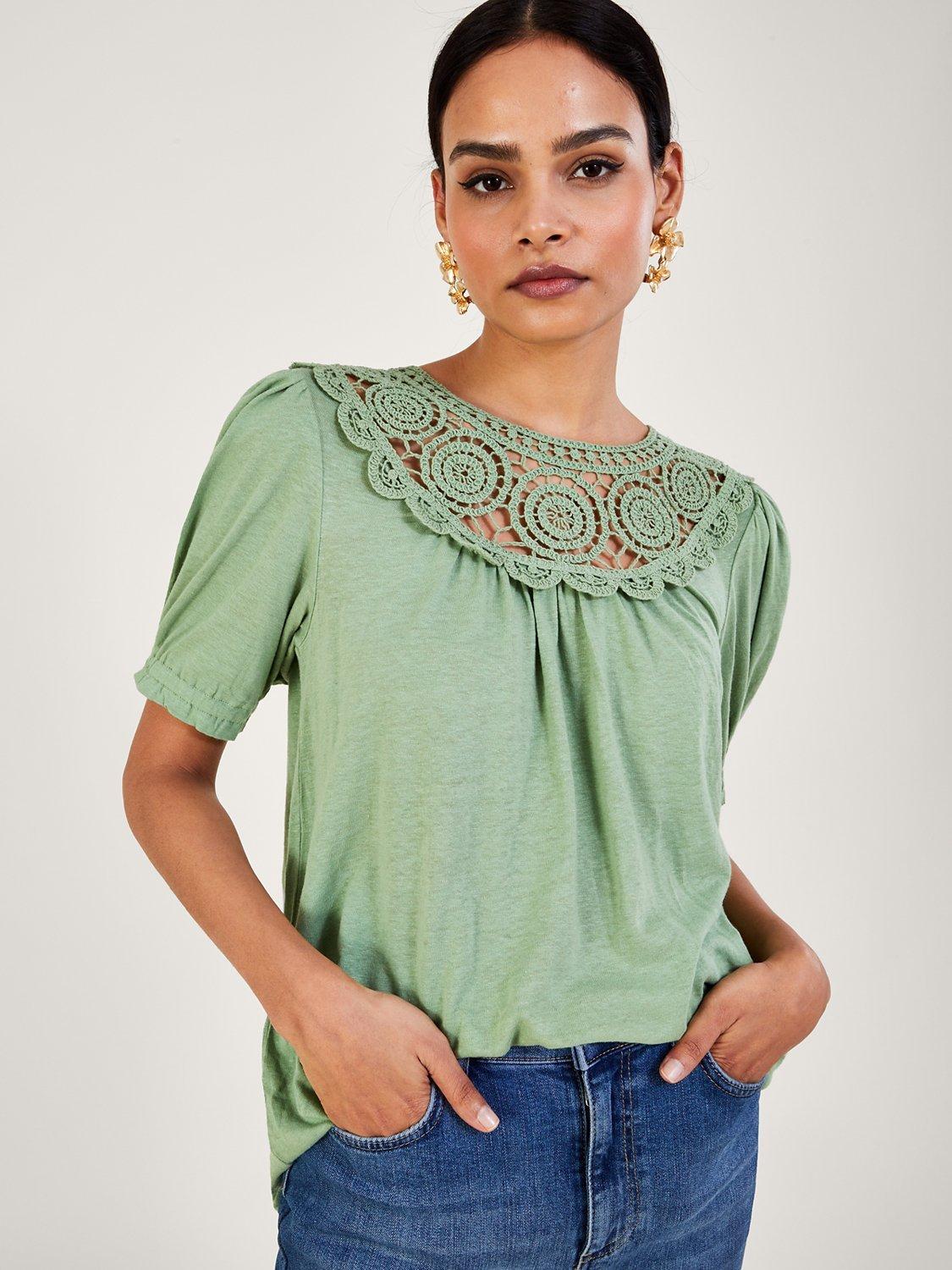 Monsoon Linen Crochet Frill Sleeve Top, Khaki