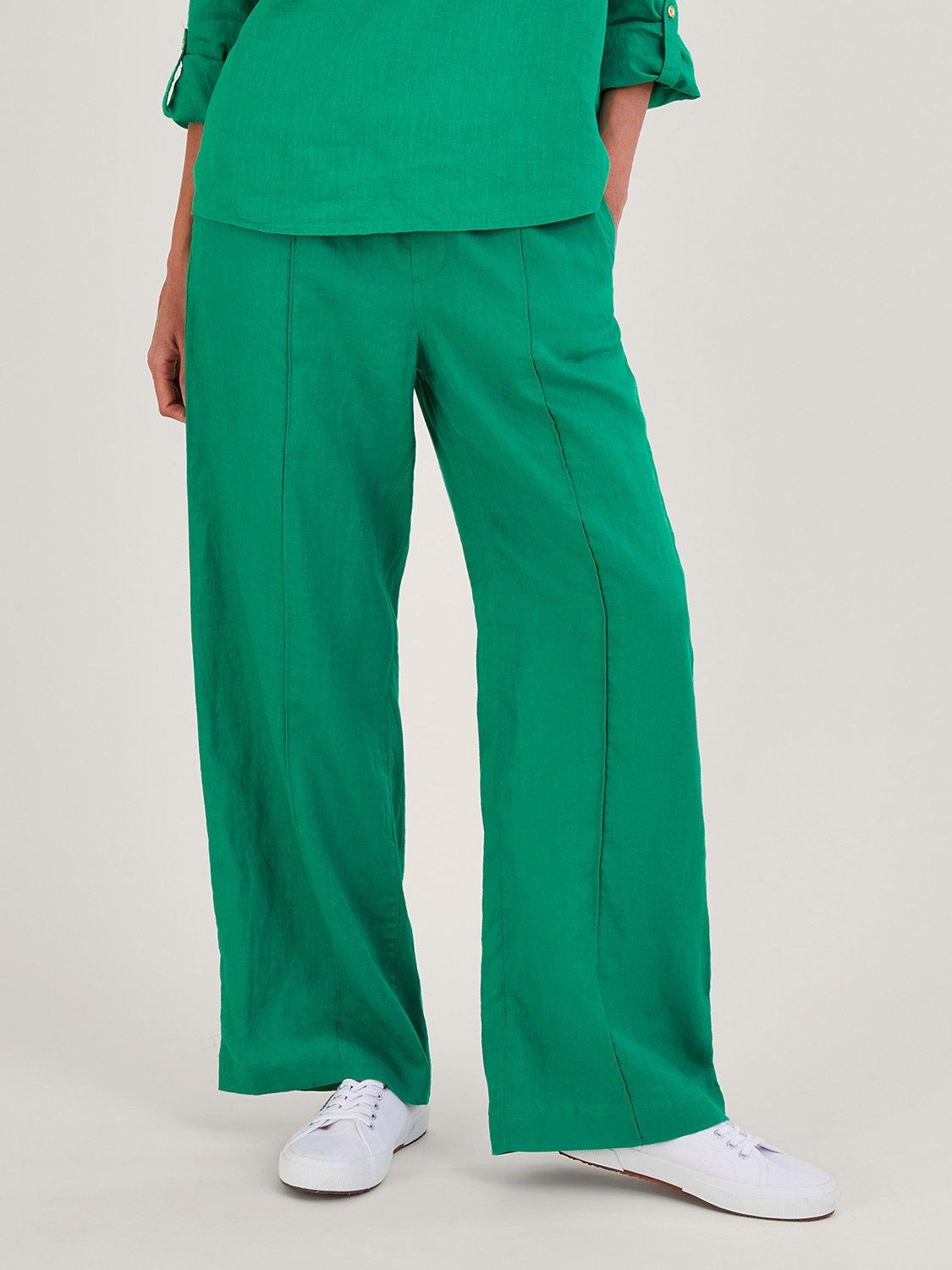 Monsoon Linen Wide Leg Pull On Trousers, Green