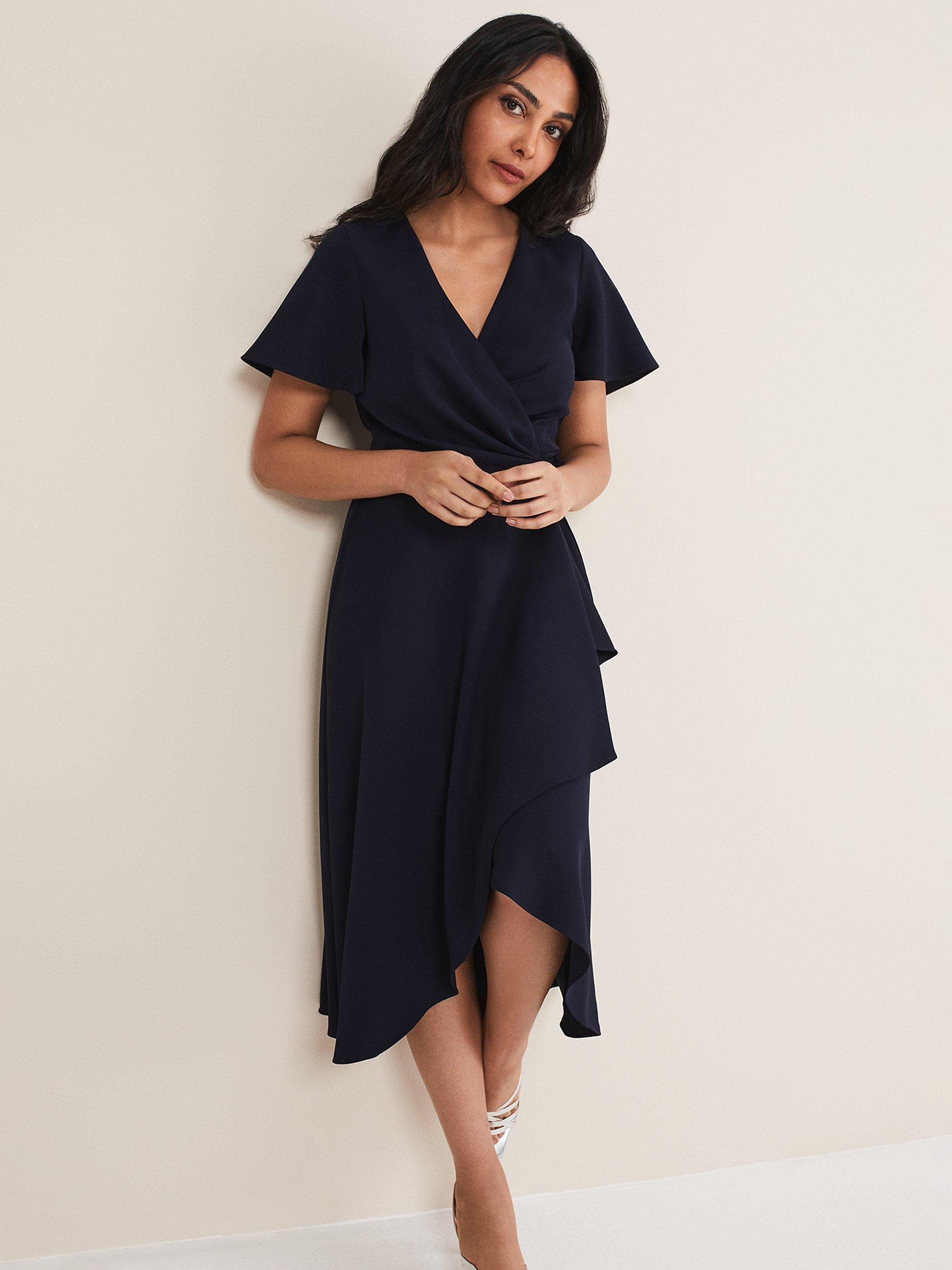 Product image 3 of 7, which shows Phase Eight Petite Julissa Frill Wrap Midi Dress, Navy, 6