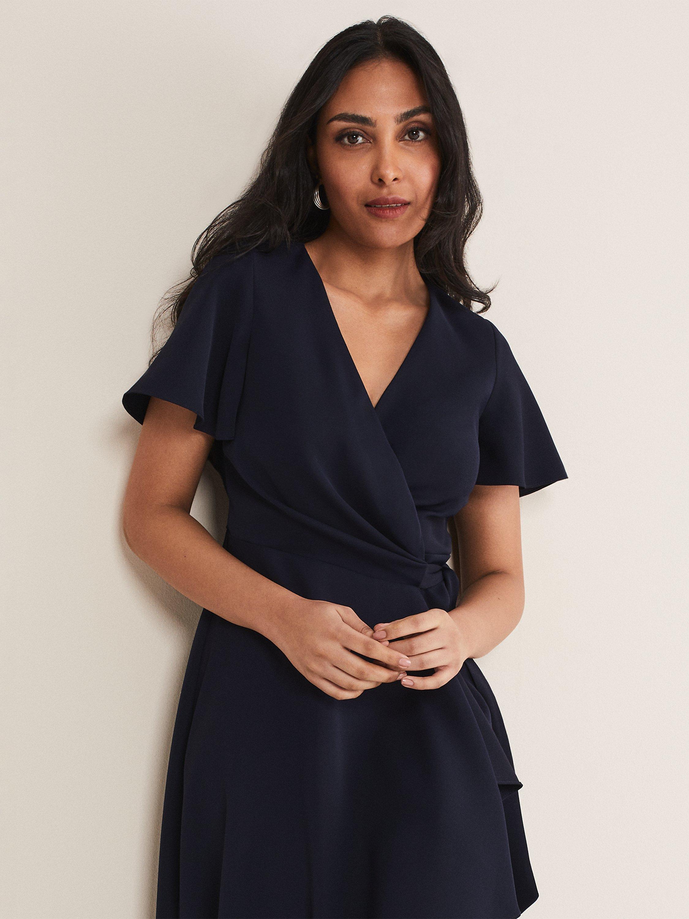 Product image 4 of 7, which shows Phase Eight Petite Julissa Frill Wrap Midi Dress, Navy, 6