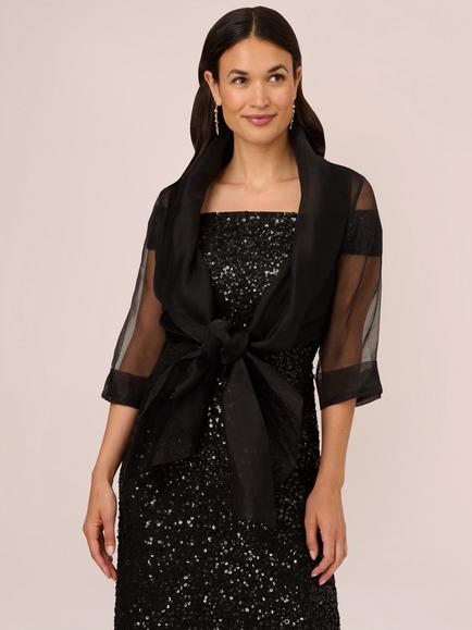 Adrianna Papell Short Sleeve Organza Wrap, Black, Black