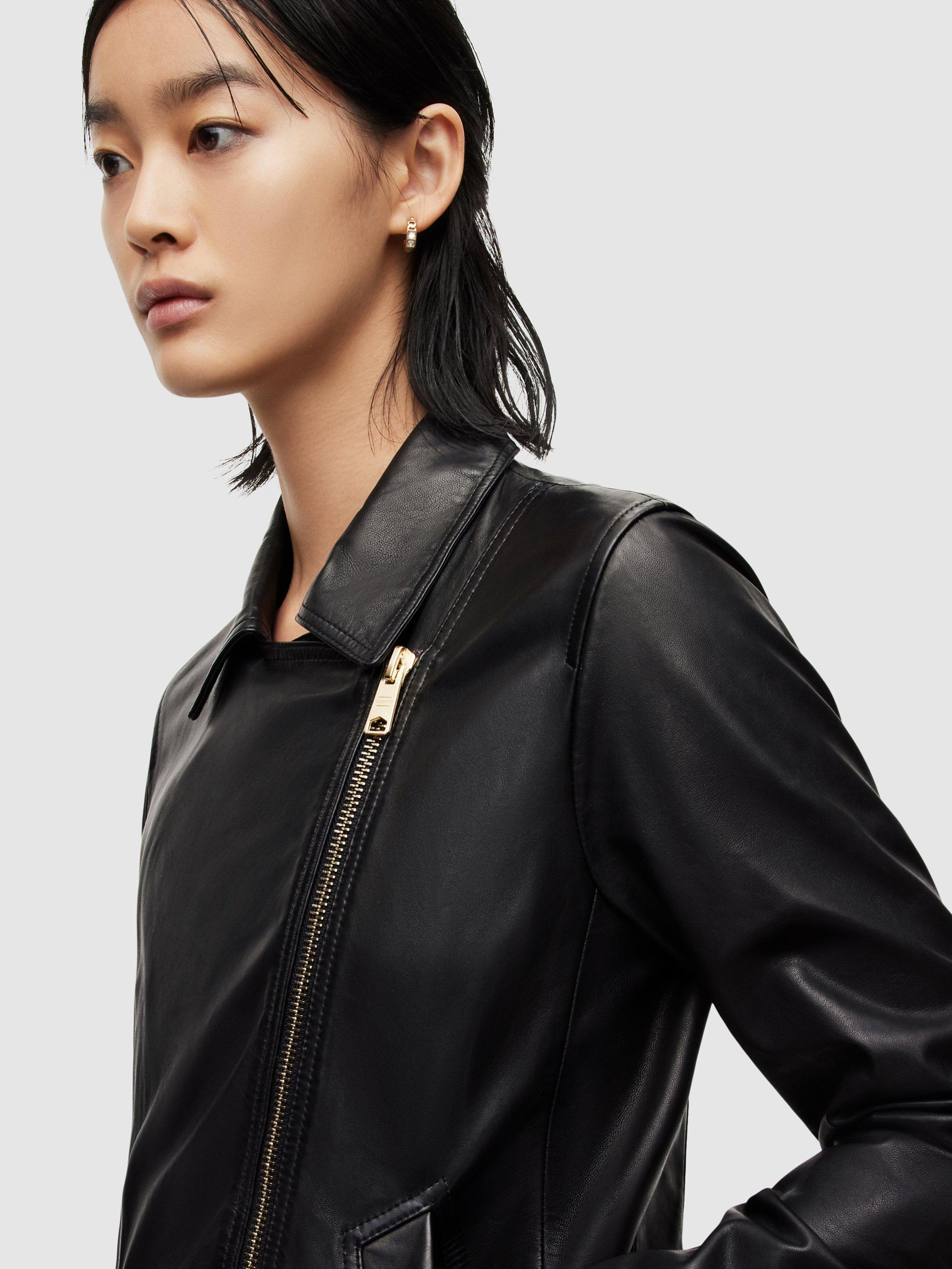 Product image 6 of 8, which shows AllSaints Vela Leather Biker Jacket, Black, 10