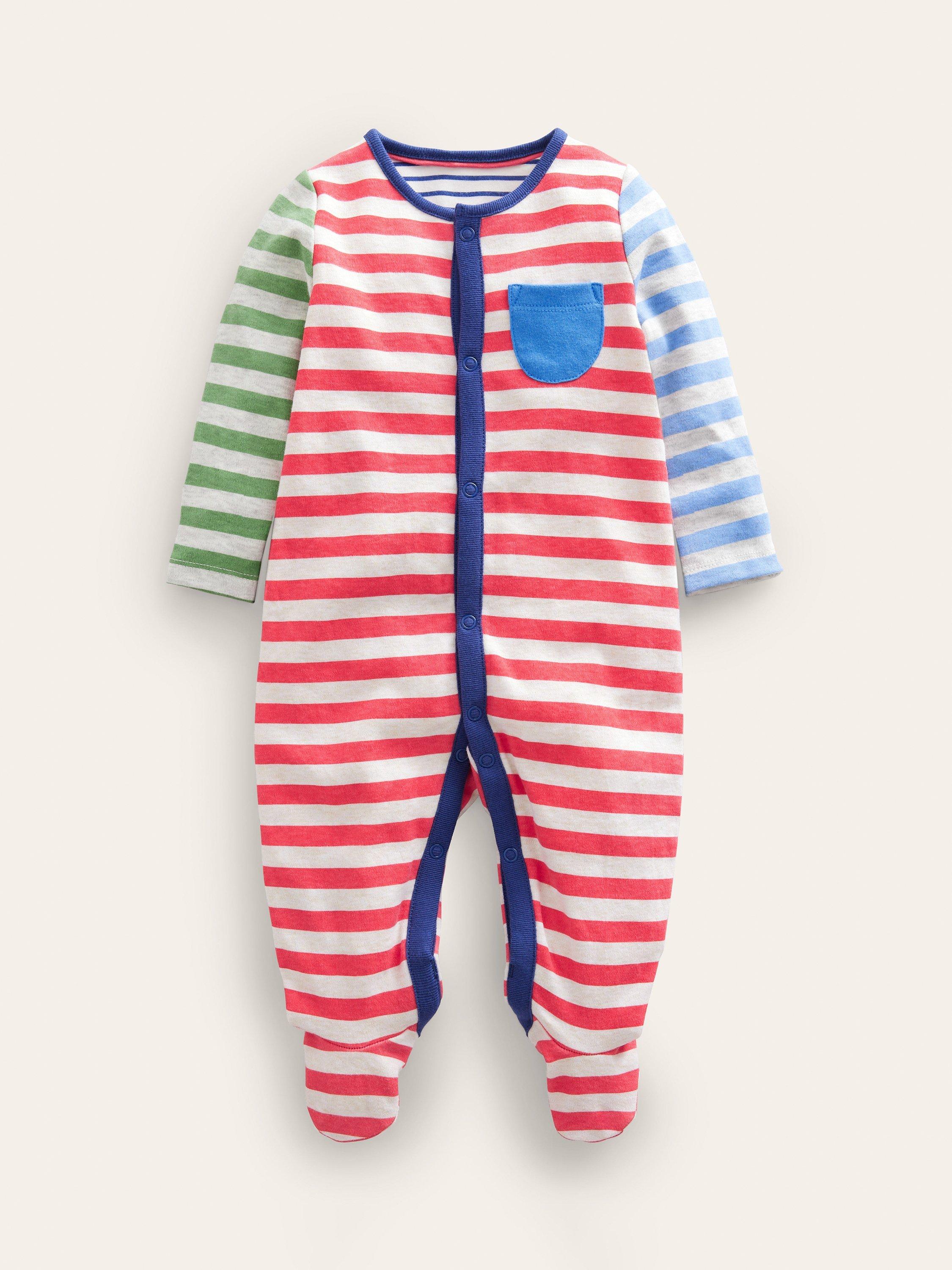 Mini Boden Baby Striped Hotchpotch Sleepsuit, Bright Multi