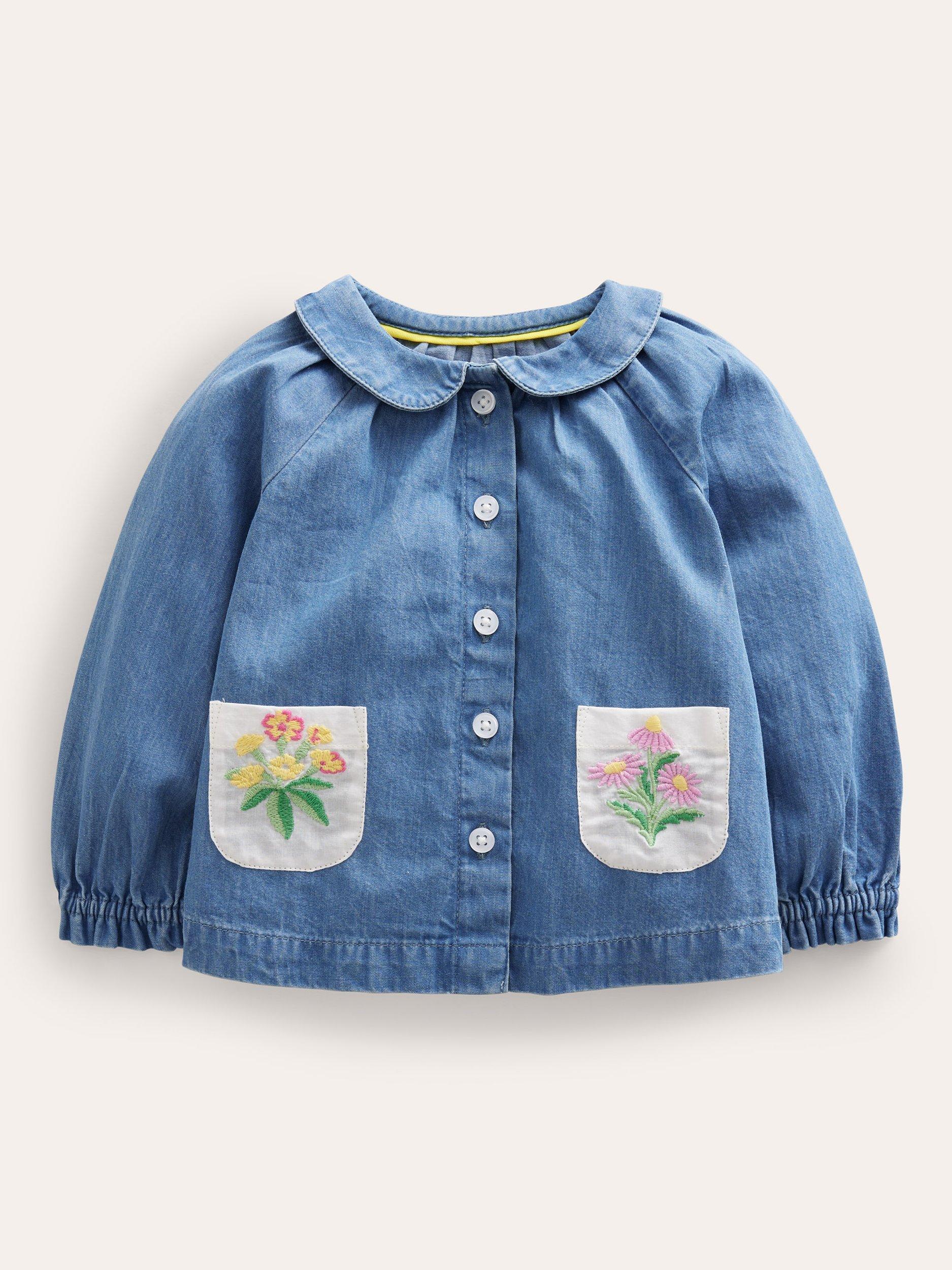 Mini Boden Baby Chambray Collar Top, Mid Chambray
