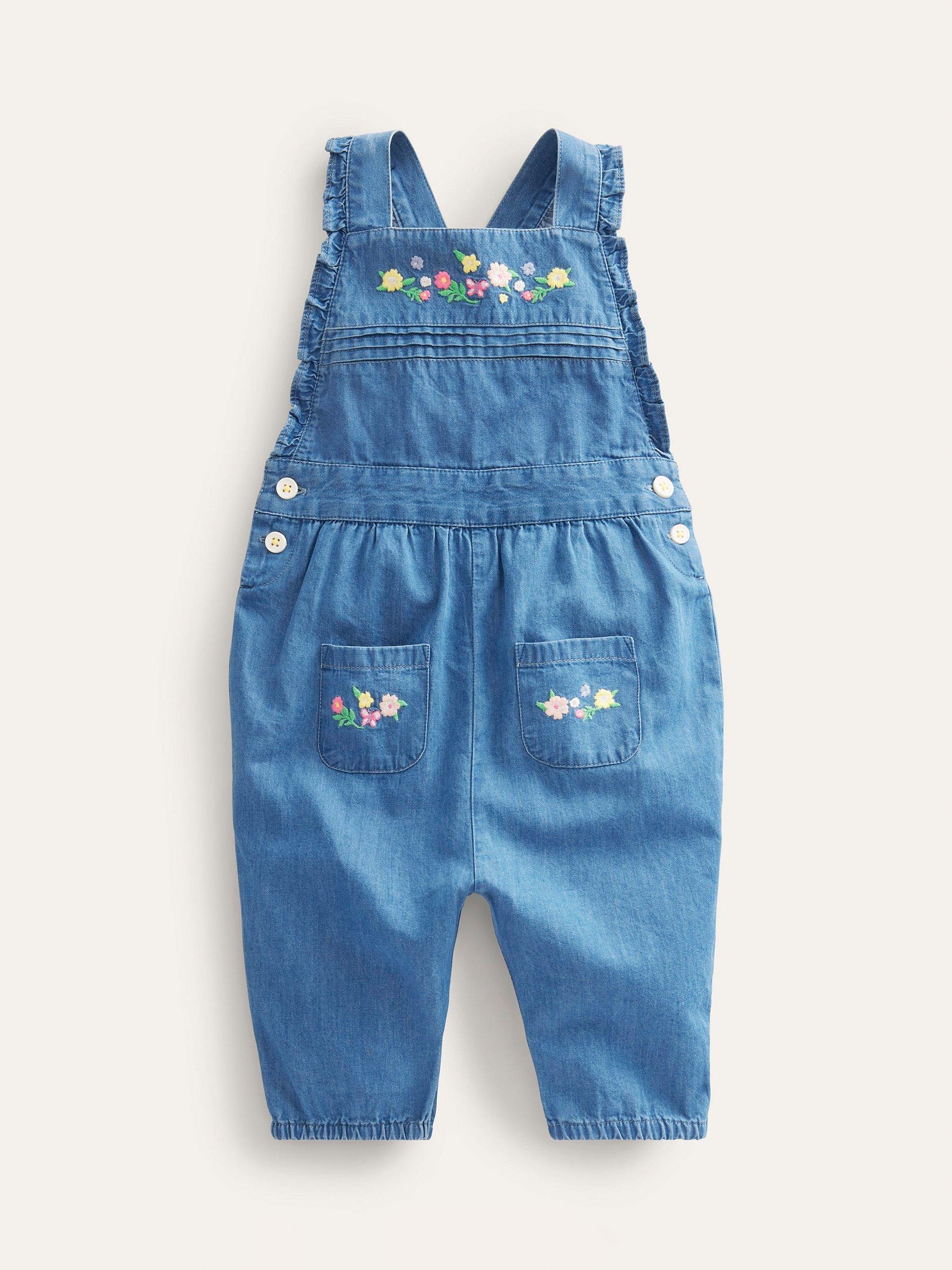 Mini Boden Baby Embroidered Dungarees, Mid Chambray