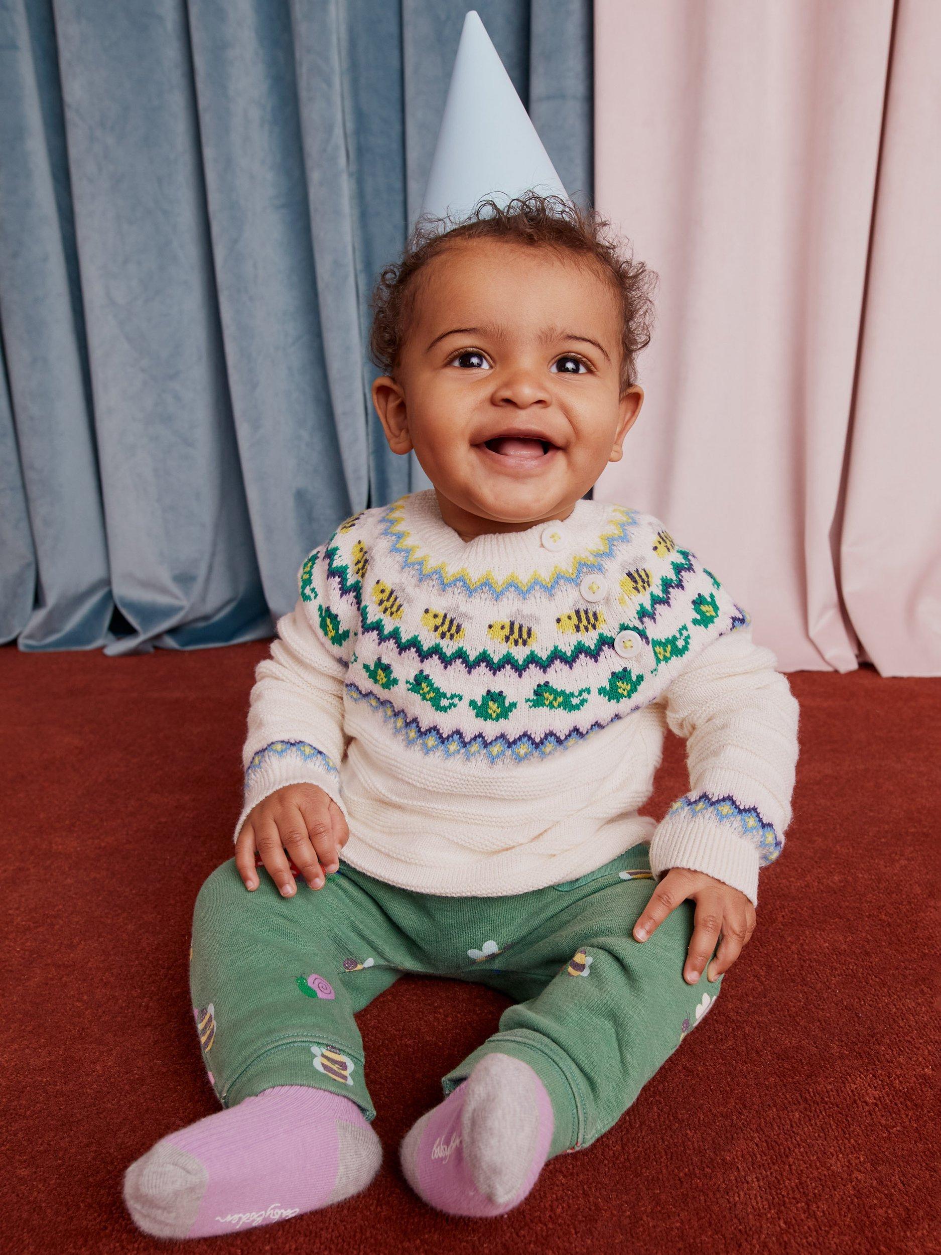 Mini Boden Baby Frog & Bee Fair Isle Jumper, Oatmeal Marl