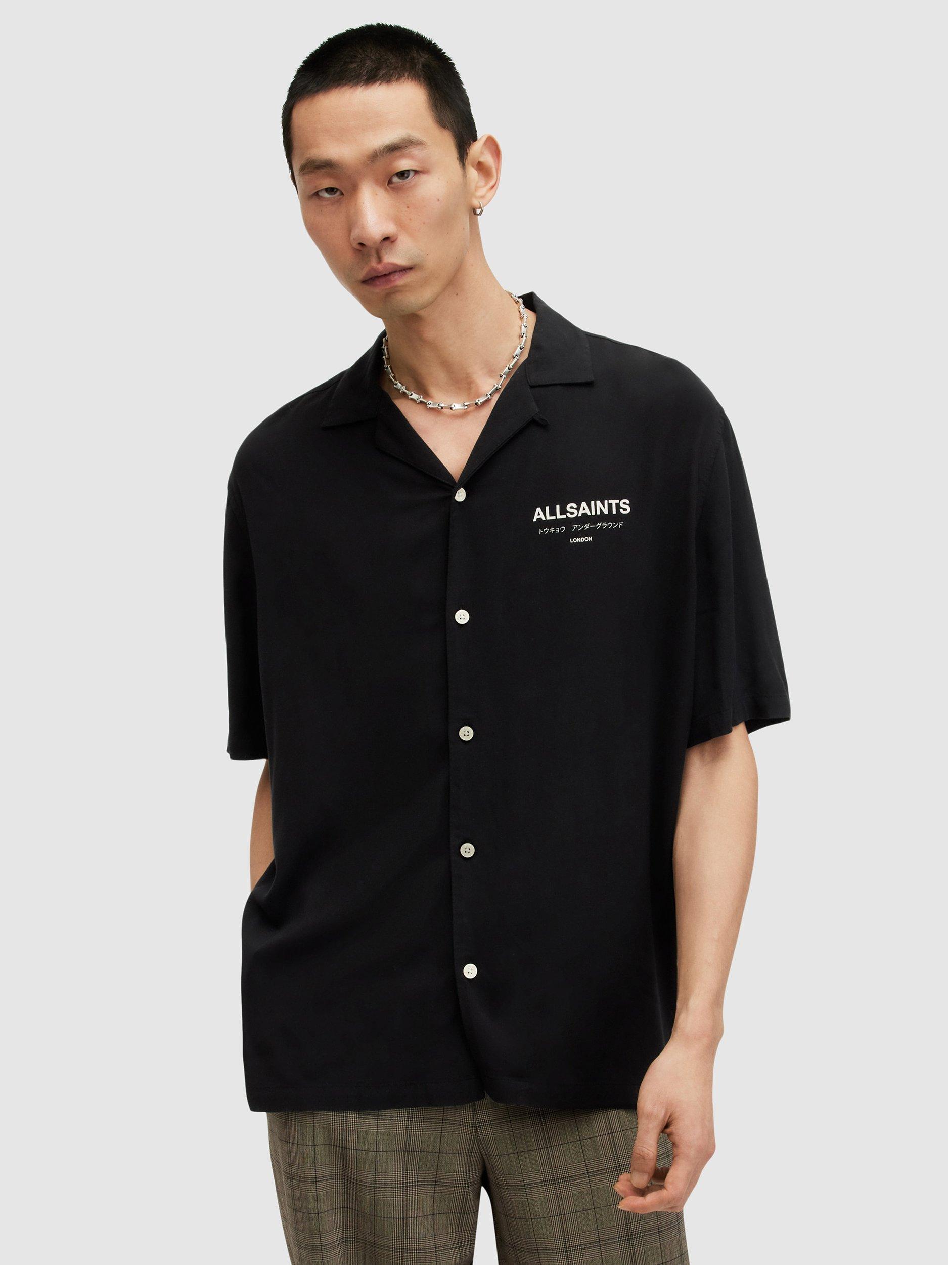 AllSaints Underground Short Sleeve Revere Collar Shirt, Jet Black/Ecru